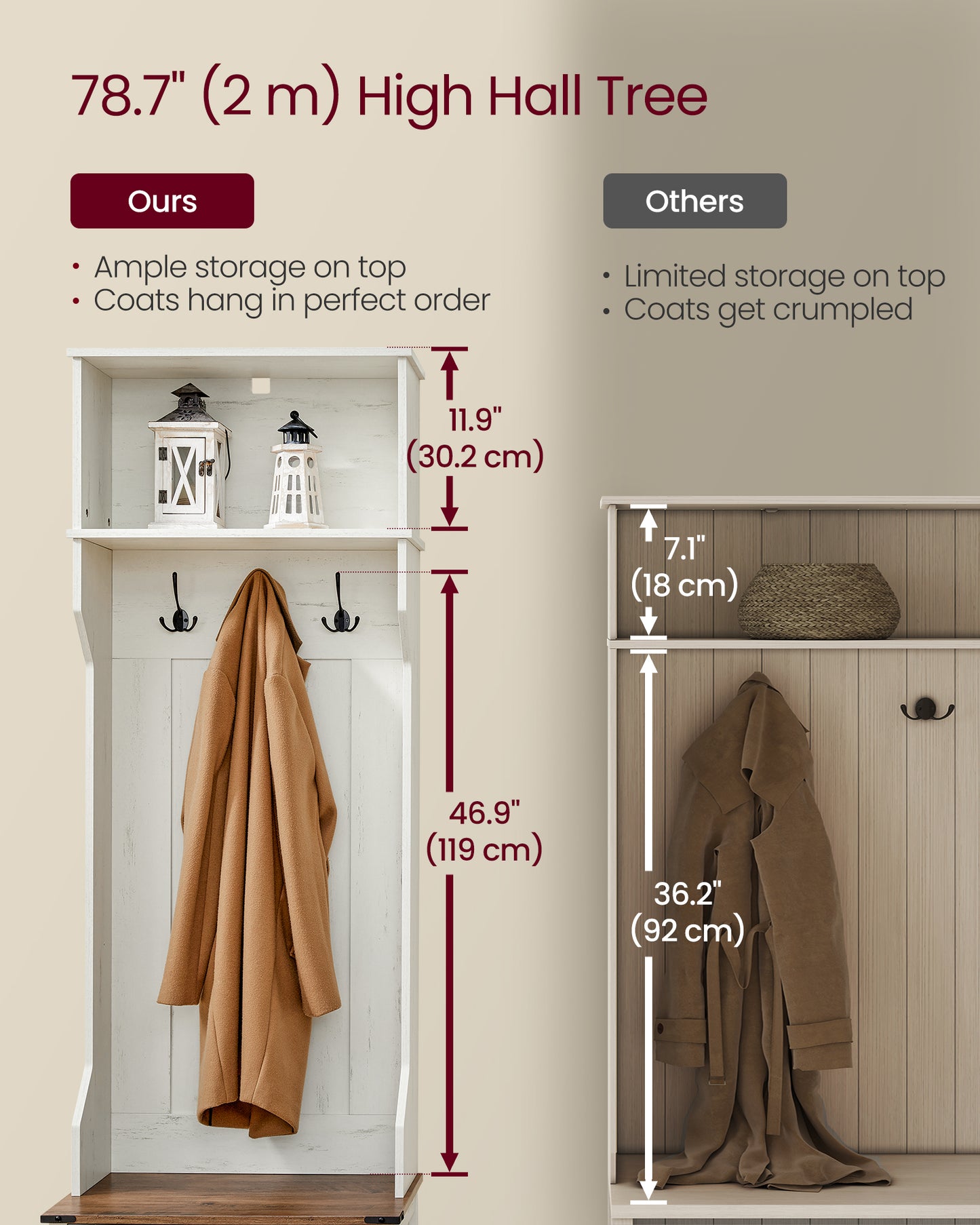 Hall Tree with Bench and Shoe Storage, Coat Rack with Shoe Bench, Entryway Furniture, 3 Tri-Hooks, Door with Handle, Farmfouse Style, Space Saving, Rustic White and Honey Brown
