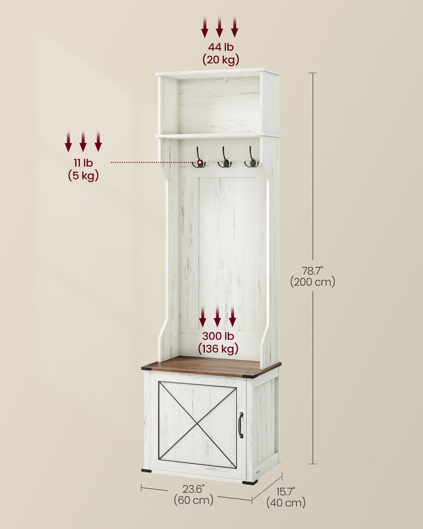 Hall Tree with Bench and Shoe Storage, Coat Rack with Shoe Bench, Entryway Furniture, 3 Tri-Hooks, Door with Handle, Farmfouse Style, Space Saving, Rustic White and Honey Brown
