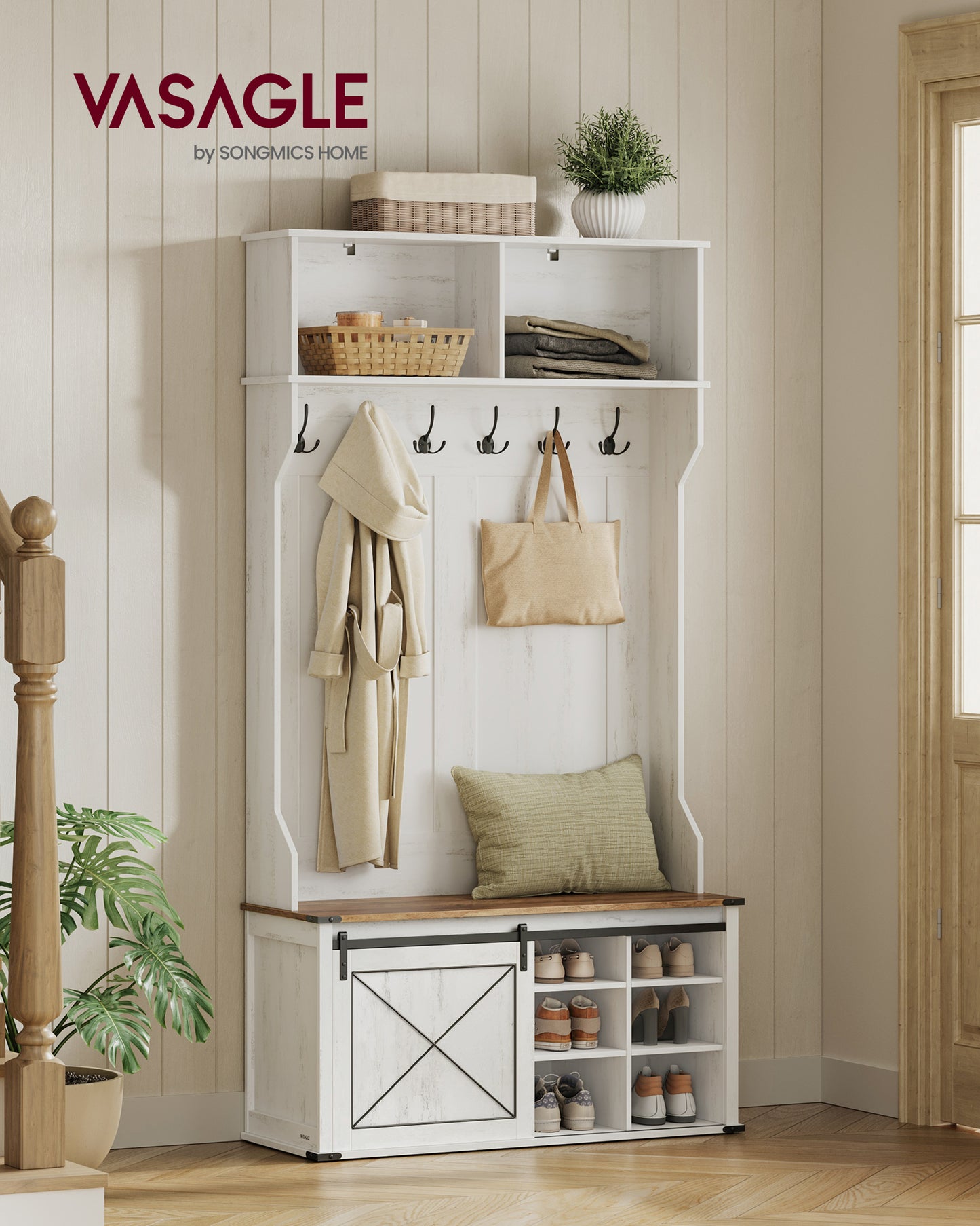 Hall Tree with Bench and Shoe Storage, Coat Rack with Shoe Bench, Entryway Furniture, 6 Tri-Hooks, Sliding Door, Farmfouse Style, Space Saving, Rustic White and Honey Brown