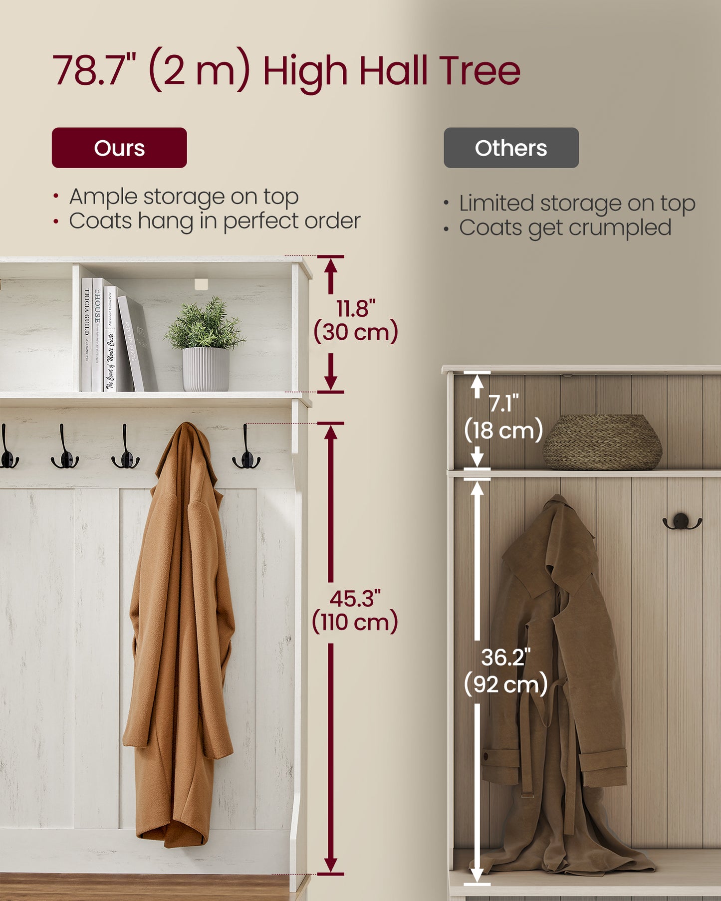 Hall Tree with Bench and Shoe Storage, Coat Rack with Shoe Bench, Entryway Furniture, 6 Tri-Hooks, Sliding Door, Farmfouse Style, Space Saving, Rustic White and Honey Brown