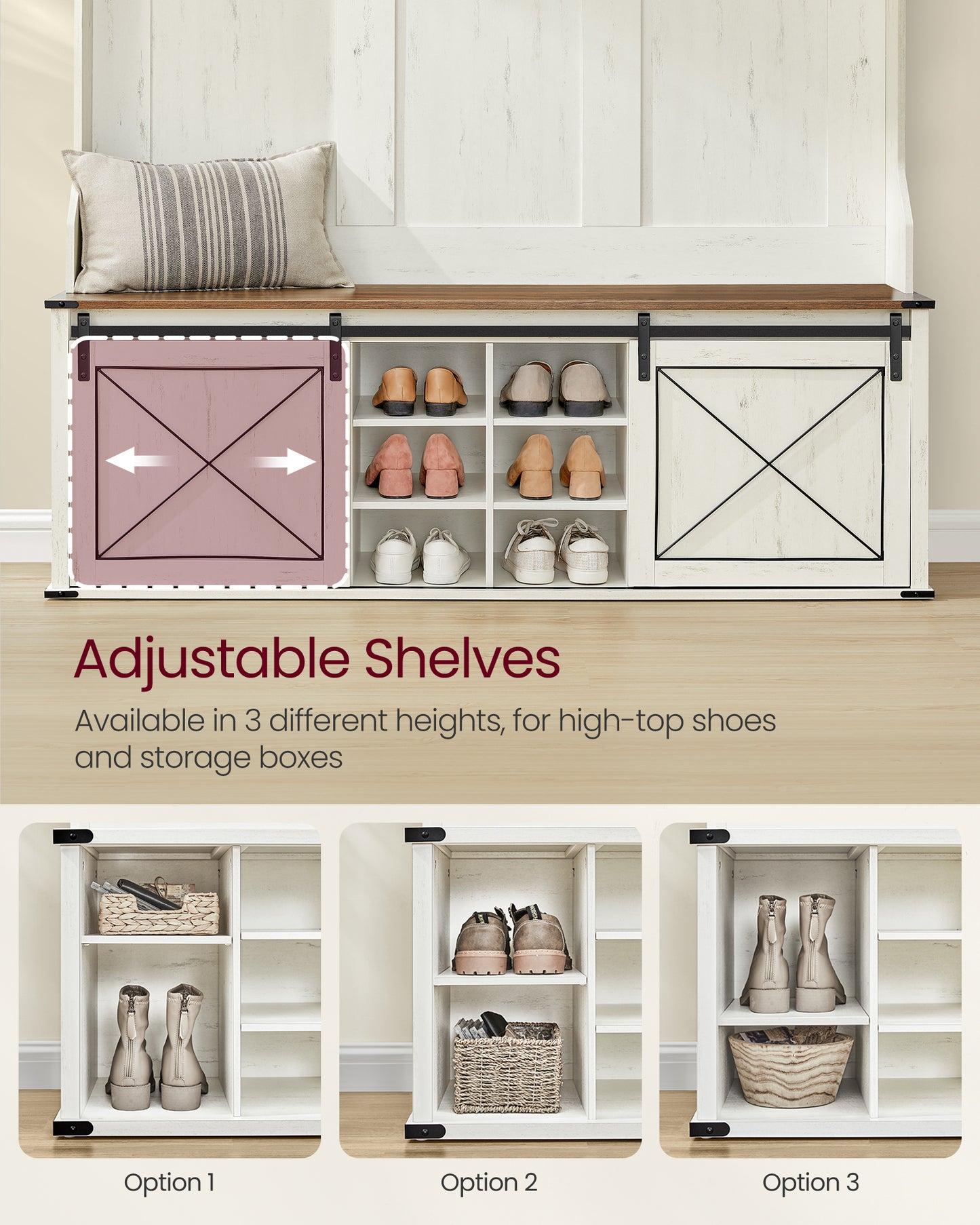Hall Tree with Bench and Shoe Storage, Coat Rack with Shoe Bench, Entryway Furniture, 6 Tri-Hooks, Sliding Door, Farmfouse Style, Space Saving