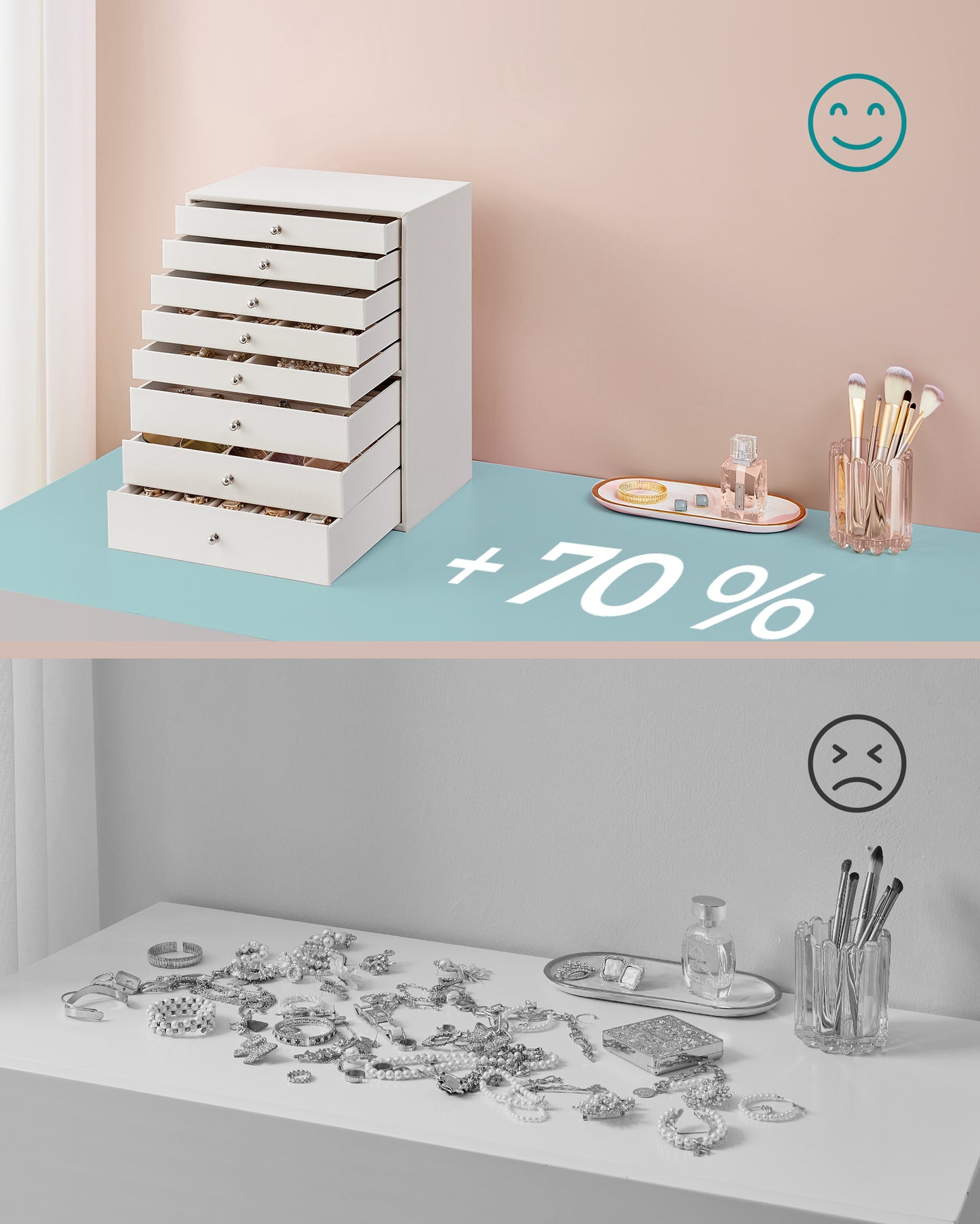 SONGMICS Jewellery Box, 8-Tier Jewellery Organiser with Drawers, Large Capacity, Jewellery Storage, Modern Style, Cloud White