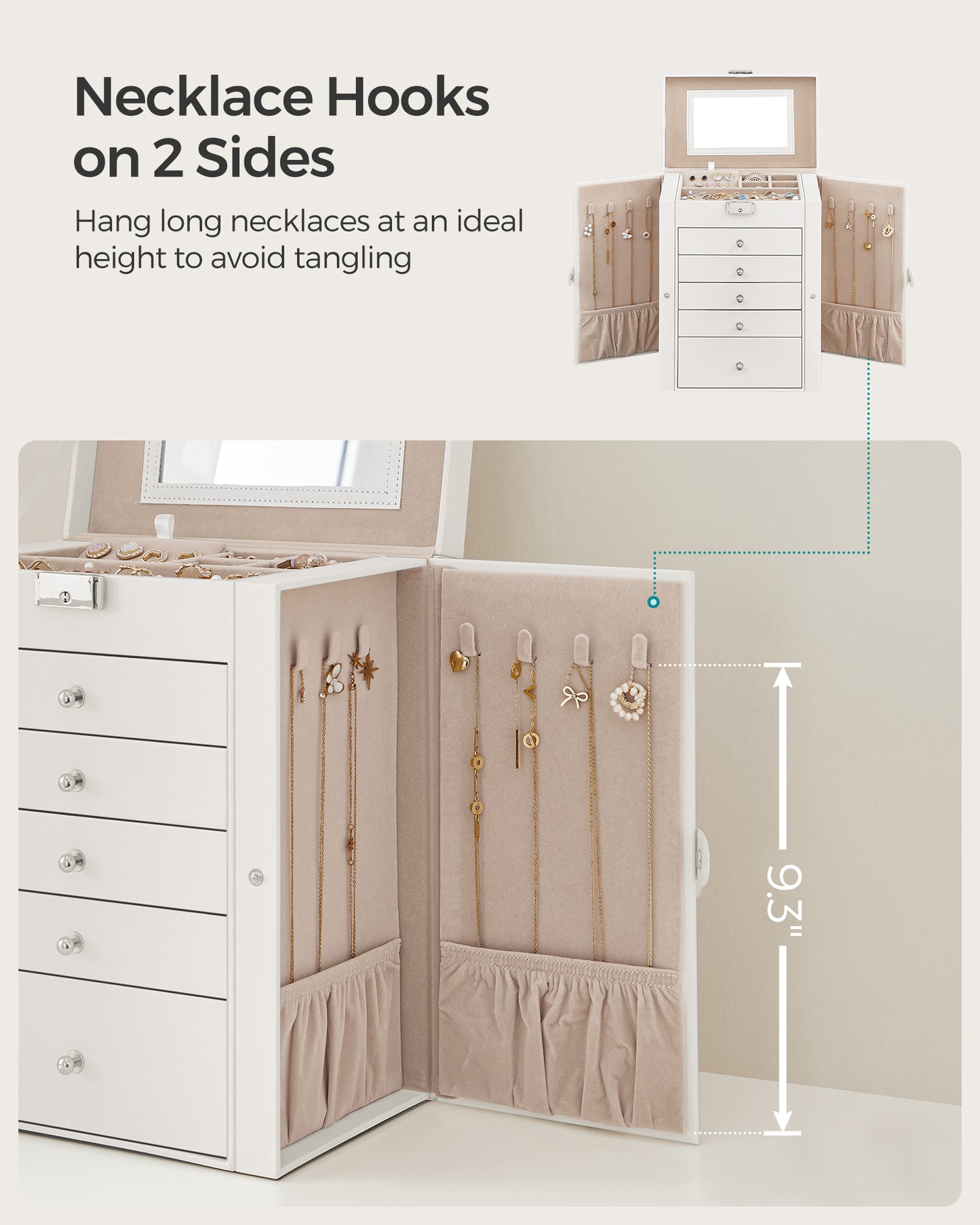 SONGMICS Large Accessory Organizer 6-Tier White Mirror Jewelry Box