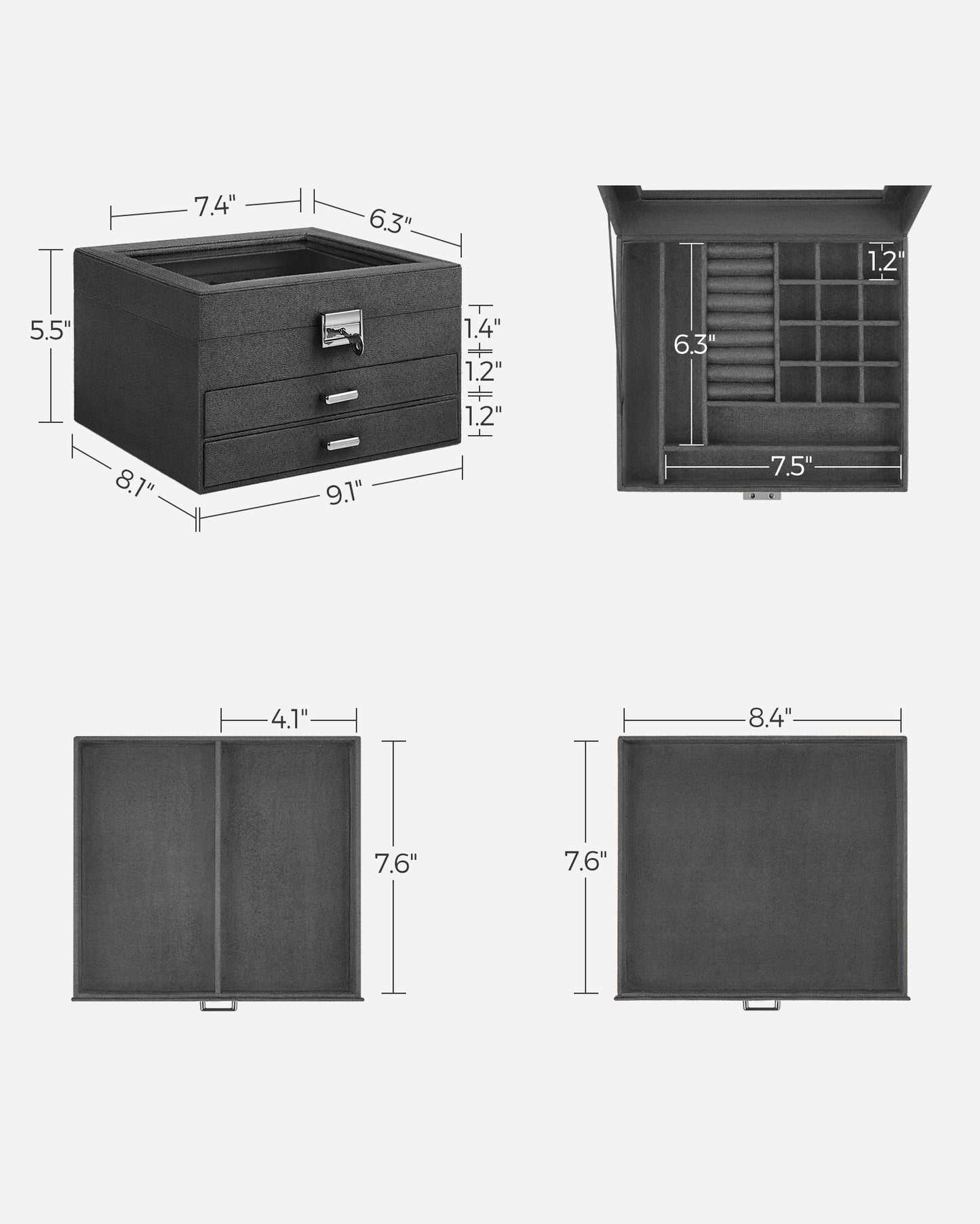 Lockable Jewelry Box, Jewelry Storage Organizer with Glass Window for Rings, Earrings, Studs, Bracelets, Necklaces, Gray