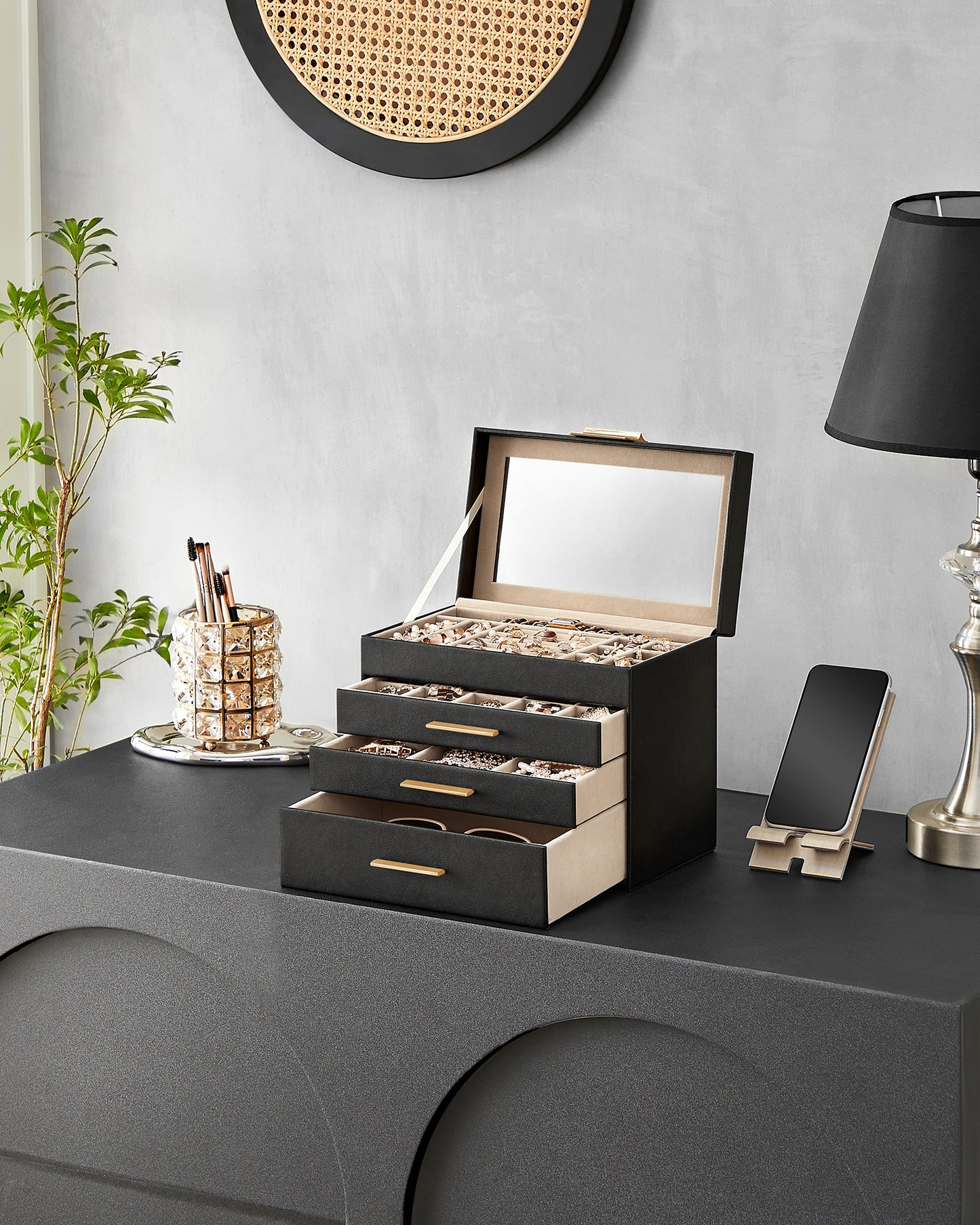 LEDREM Modern Jewelry Box with Glass Lid, 4-Layer Jewelry Organizer, 3 Drawers, for Sunglasses, Big Jewelry, Jewelry Storage