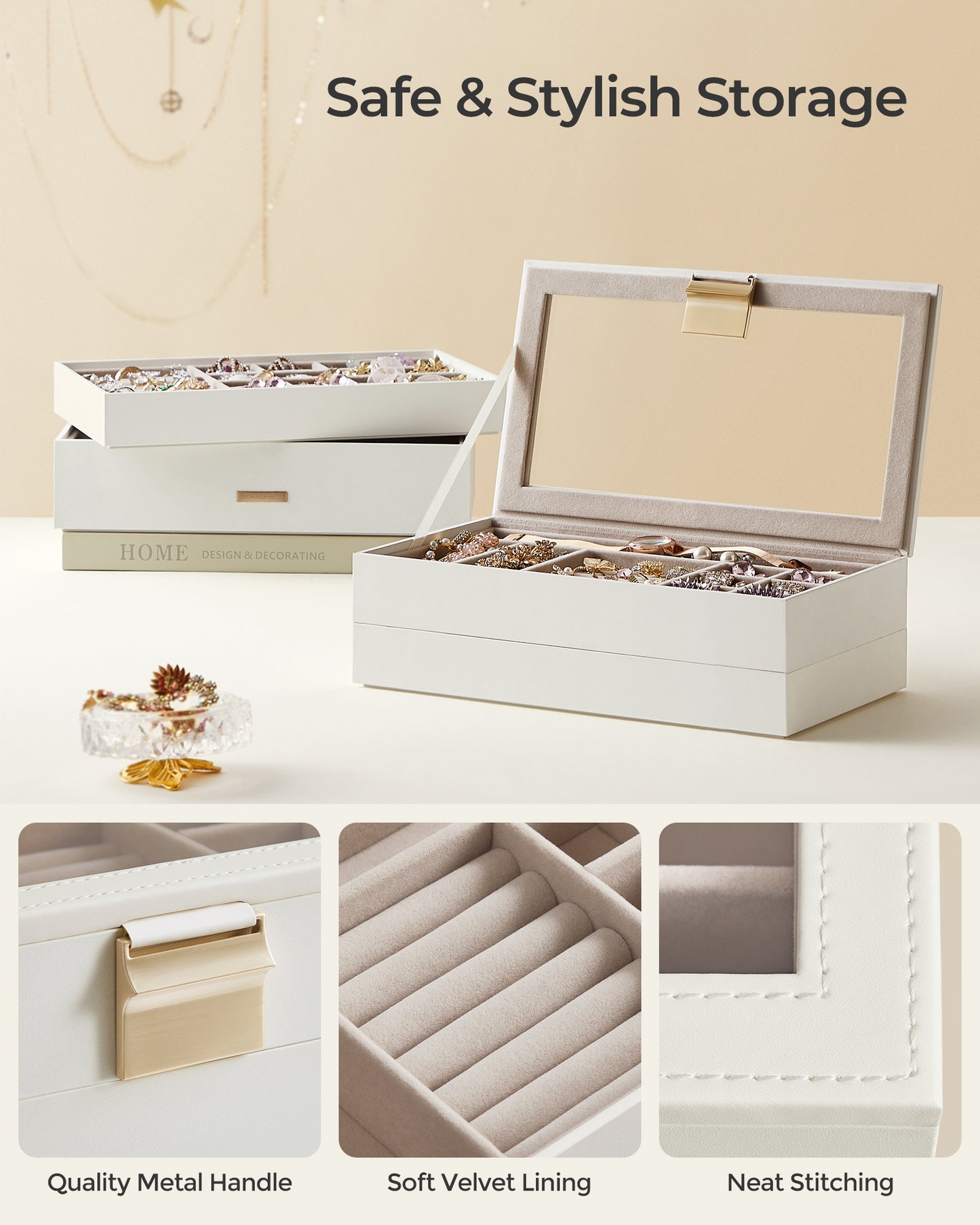 SONGMICS Stackable Jewelry Trays, 4-Tier Jewelry Box, Drawer Jewelry Organizer, with Glass Lid, Removable Dividers, for Vanity Table, Cloud White
