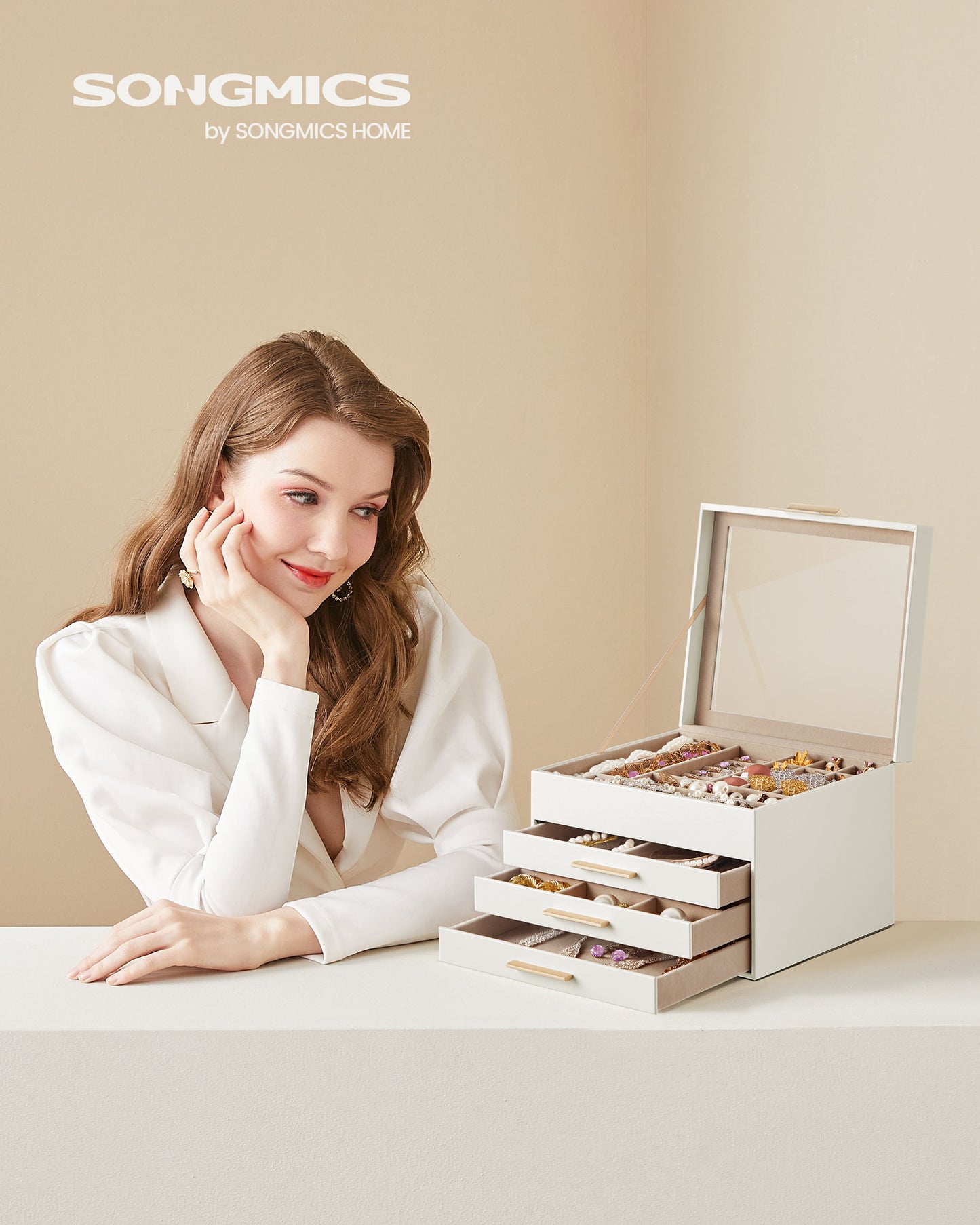 Glass Lid Jewelry Box, 4-Layer Organizer with 3 Drawers for Big and Small Jewelry, Modern Style, 8 x 9.1 x 6.5 Inches