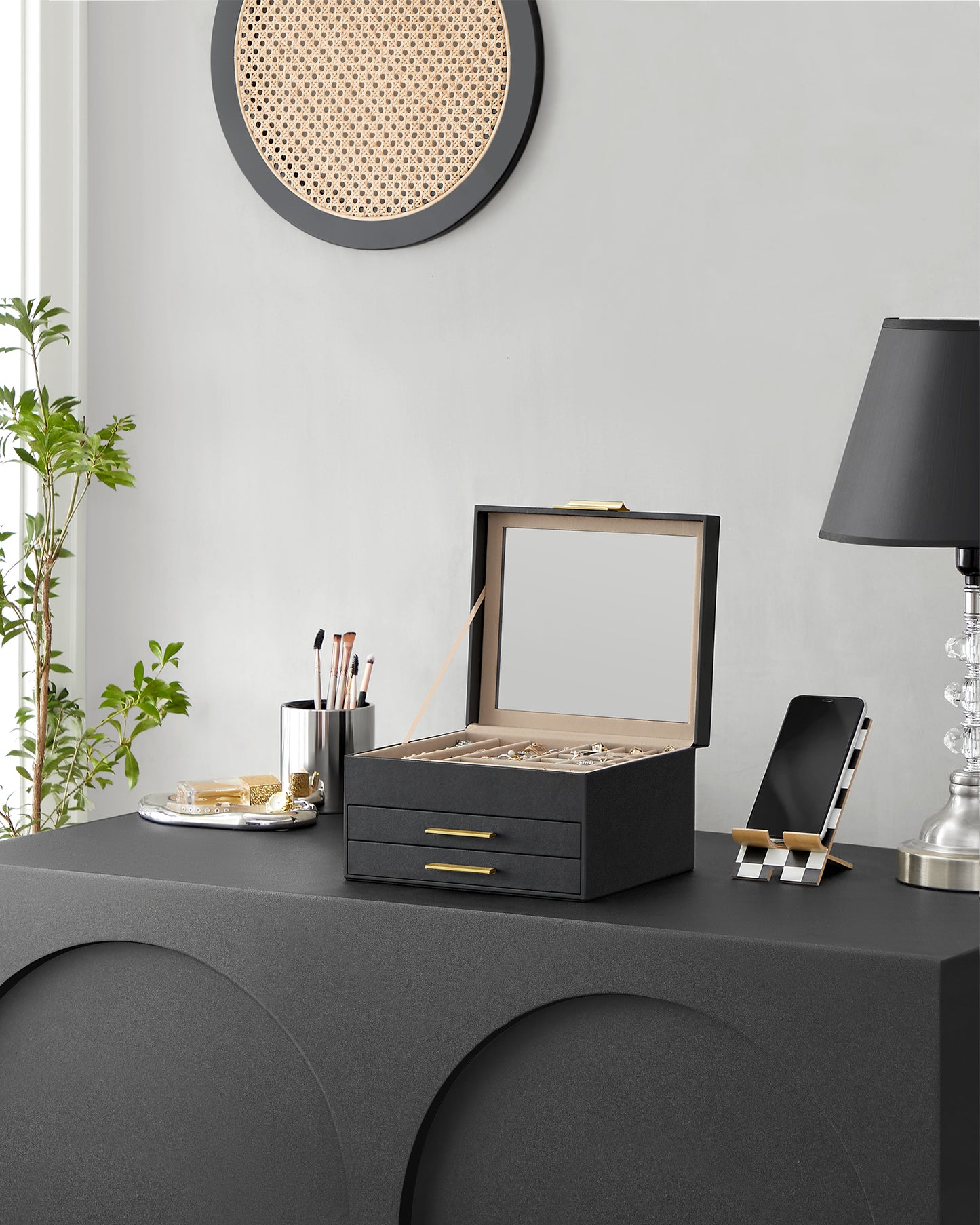 Modern 3-Tier Jewelry Box with Glass Lid & 2 Drawers, Jewelry Organizer for Women, 8 x 9.1 x 5.3 Inches, Graphite Black and Gold