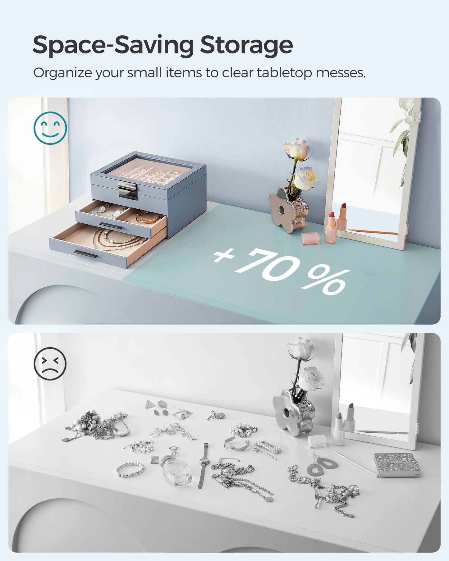 Jewelry Box with Glass Lid, 3-Layer Jewelry Organizer, 2 Drawers, for Big and Small Jewelry, Jewelry Storage,Smoky Blue and Silver