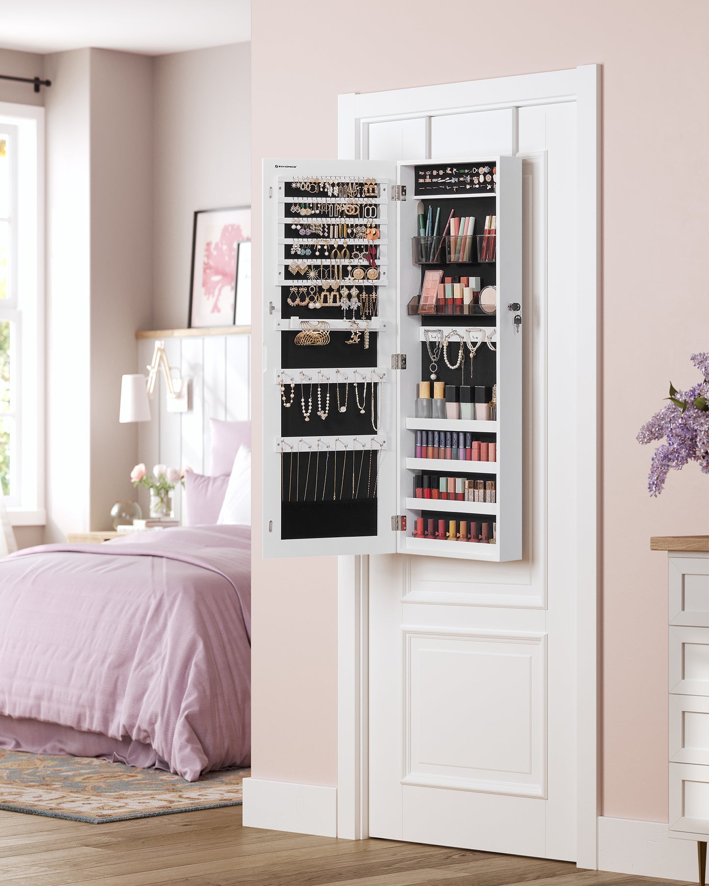 LEDREM Jewelry Cabinet Storage Lockable Wall-Mounted Jewelry Organizer Armoire Full-Length Frameless Mirror White