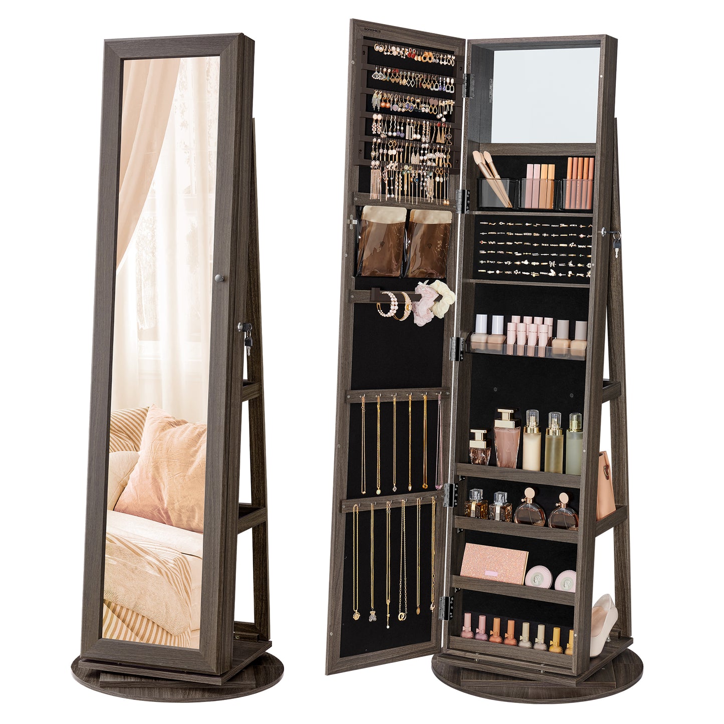 360 Swivel Jewelry Cabinet, Mirror Jewelry Cabinet, Over-the-Door Organizer with Jewelry Storage Interior Mirror, Jewelry Armoire, Gift Idea