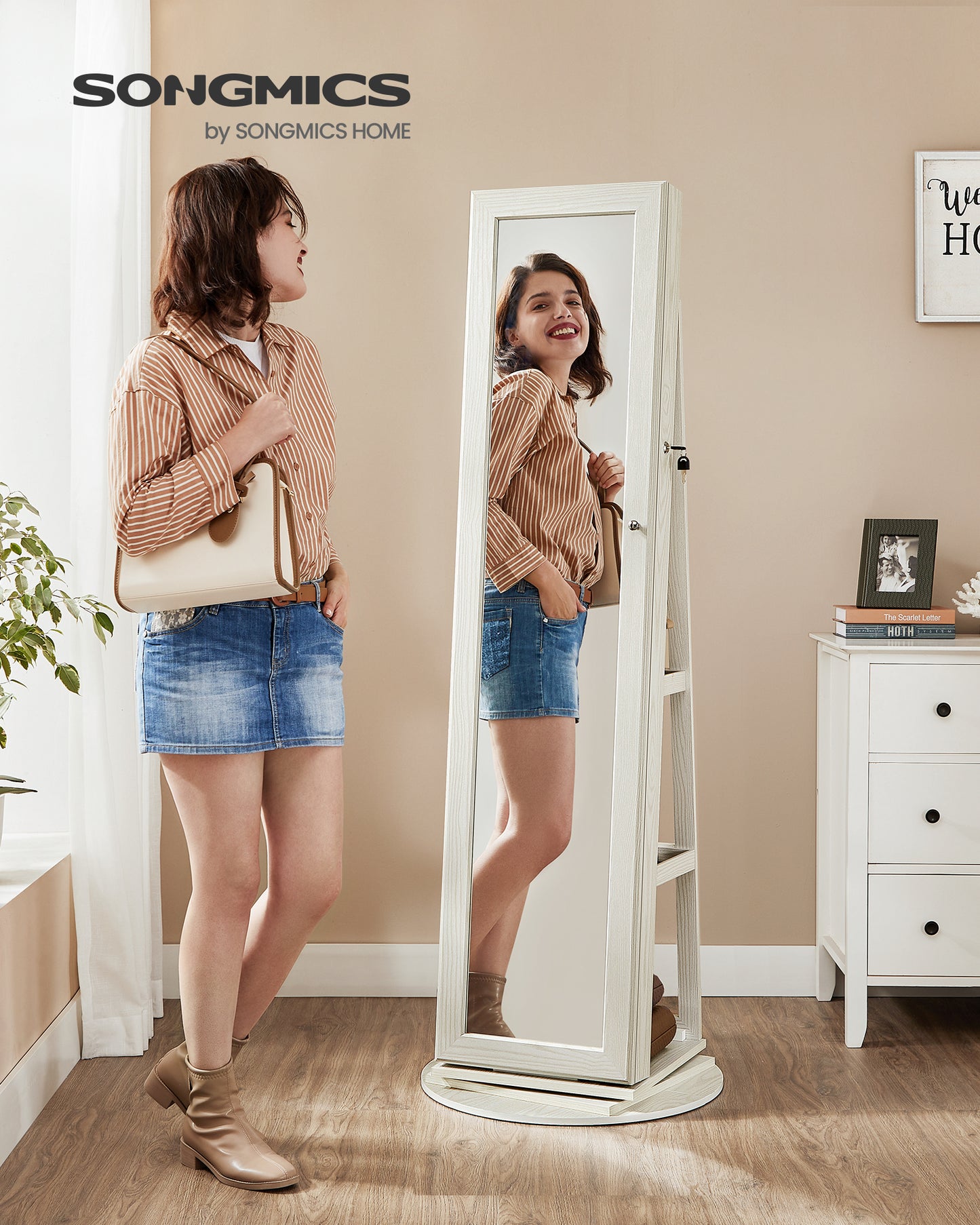 White with Gray Wood Grain 360° Swivel Jewelry Cabinet,Lockable Jewelry Organizer Boasting Mirror, Rear Storage Shelves, Interior Mirror.