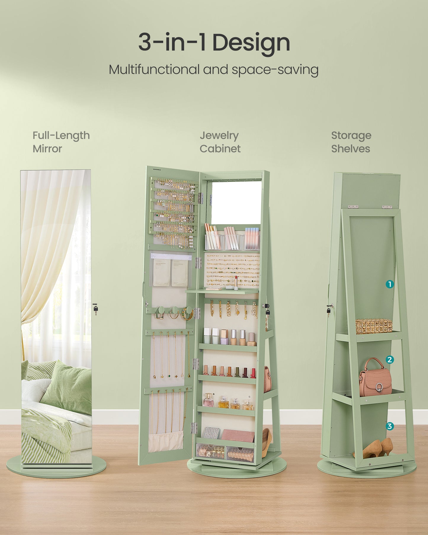 Lockable Jewelry Cabinet with 360° Swivel & LED Lights, Full-Length Mirror, 3 Shelves, 120+ Jewelry Slots, Green and Cream White