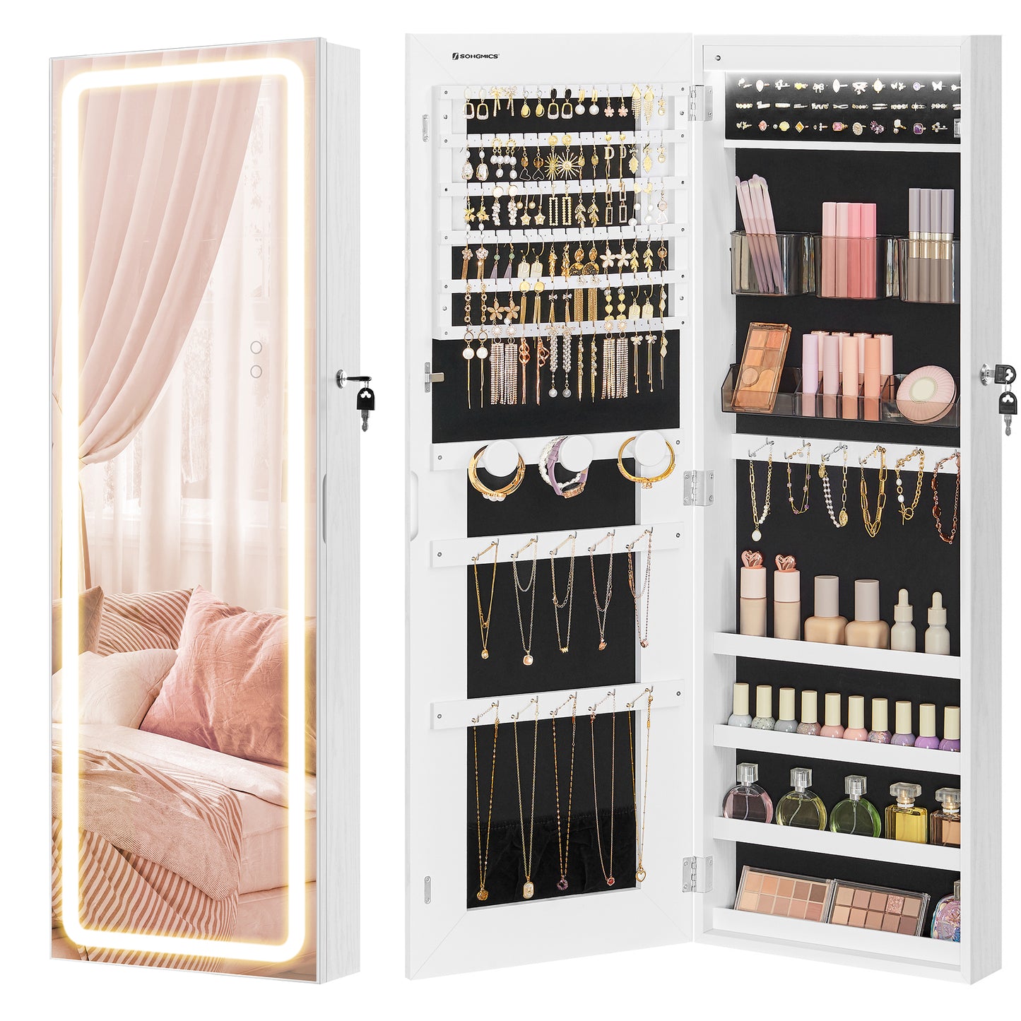 LED Mirror Jewelry Cabinet – Lockable Wall/Door Mount Storage with Cosmetic Organizers, Frameless Design, White