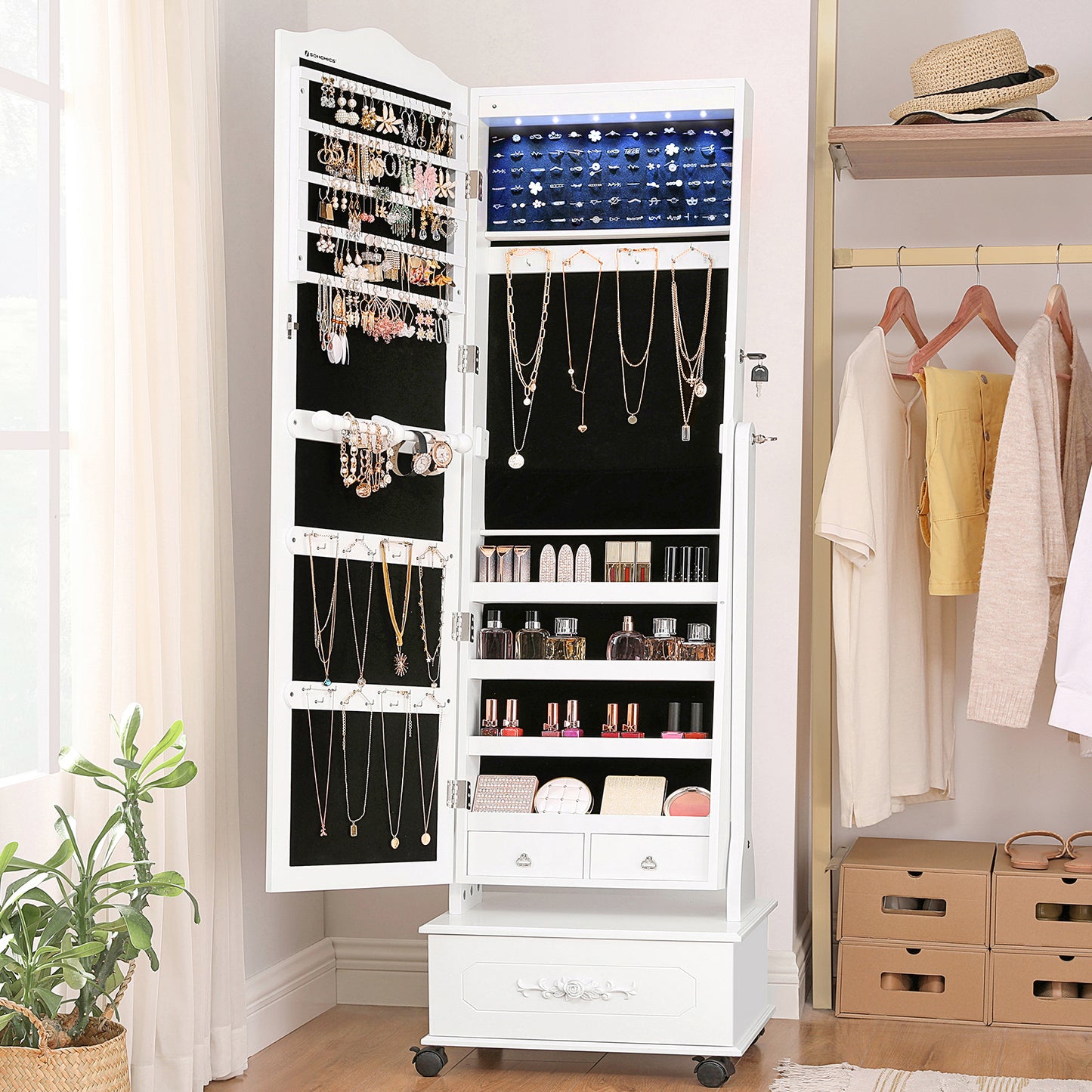 SONGMICS Lockable Freestanding Jewelry Cabinet with Wheels, with LED Lights, Mirror, White