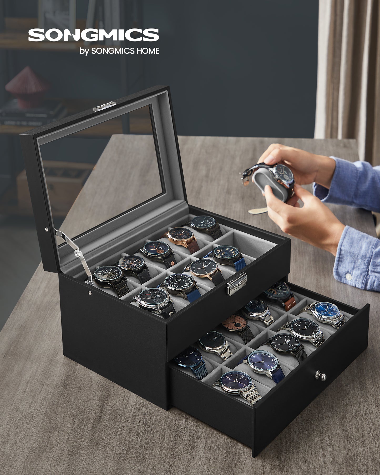 Sleek 6-Slot Watch Box, Large Glass Lid, Removable Pillows, Watch Organizer - Gift for Loved Ones, Black Synthetic Leather