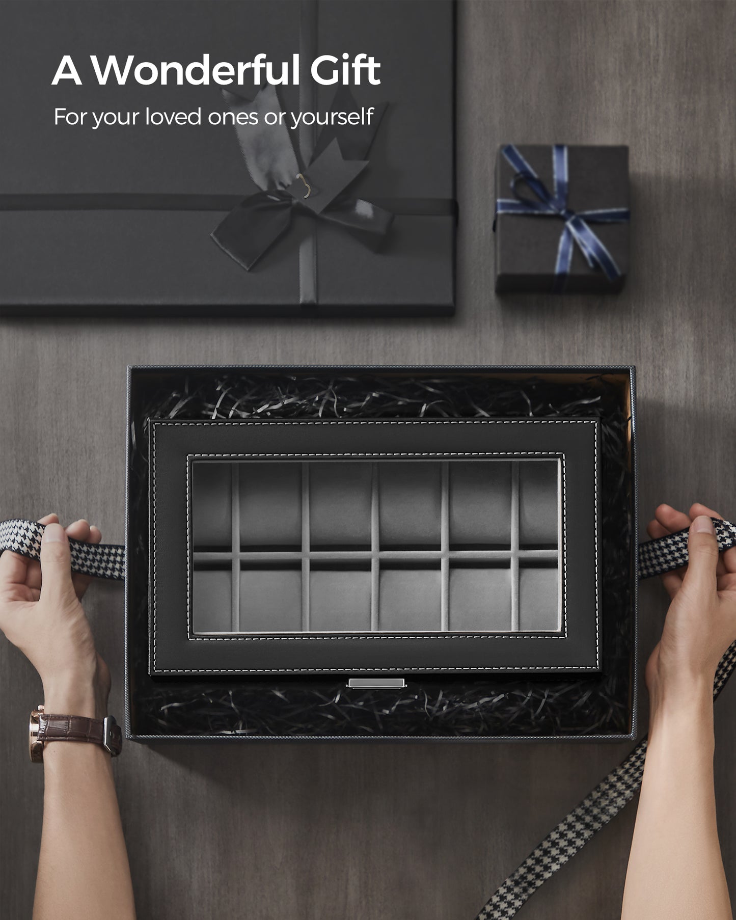 SONGMICS 12-Slot Watch Box, Lockable Watch Case with Glass Lid, 2 Layers, with 1 Drawer for Rings, Bracelets, Gift Idea, Black Synthetic Leather, Gray Lining