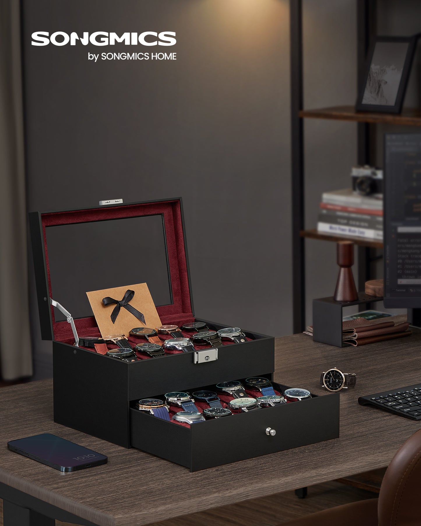 Premium 20-Slot Watch Box, Glass Lid, 2 Layers, Lockable Display Case in Black Synthetic Leather with Wine Red Lining