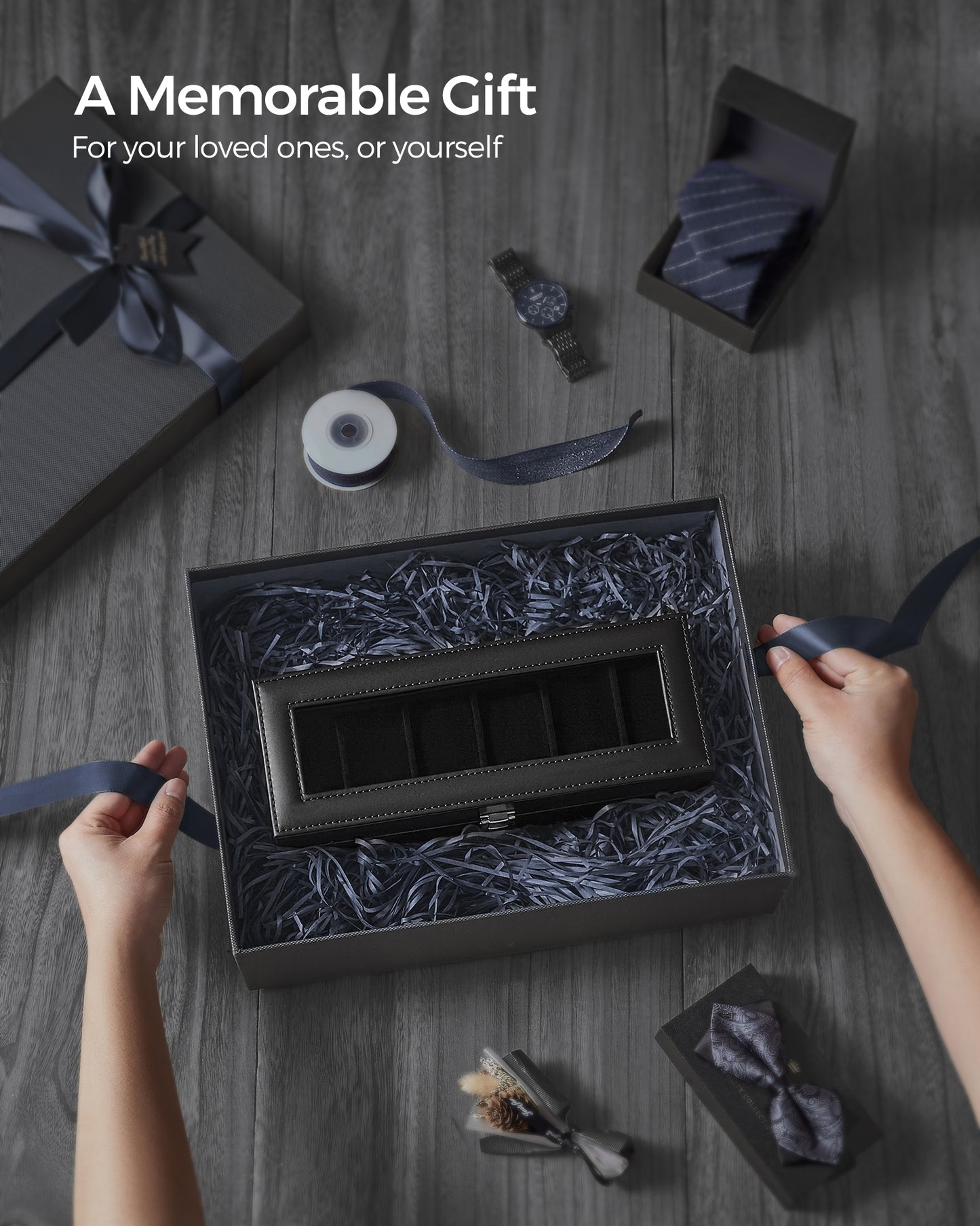 Sleek 6-Slot Watch Box, Large Glass Lid, Removable Pillows, Watch Organizer - Gift for Loved Ones, Black Synthetic Leather