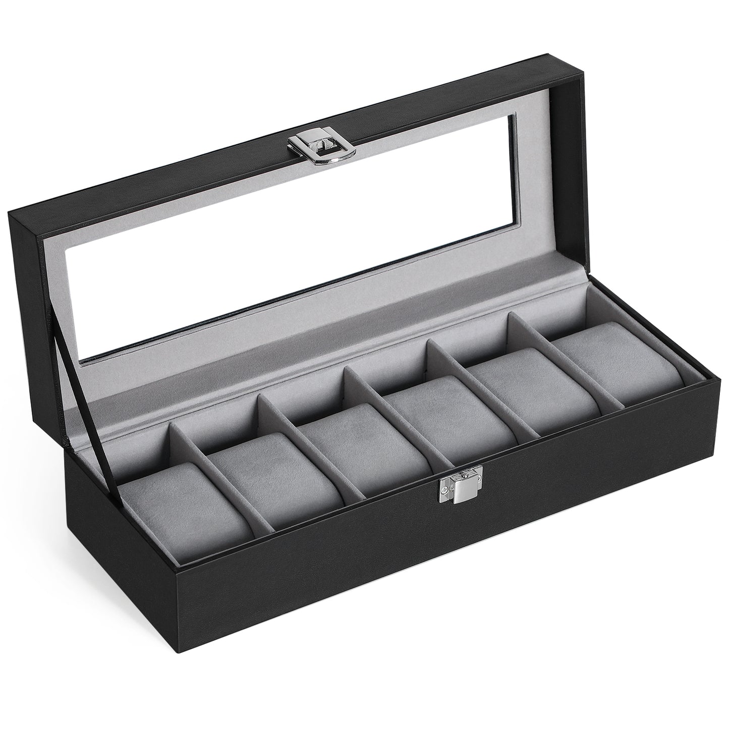 Sleek 6-Slot Watch Box, Large Glass Lid, Removable Pillows, Watch Organizer - Gift for Loved Ones, Black Synthetic Leather