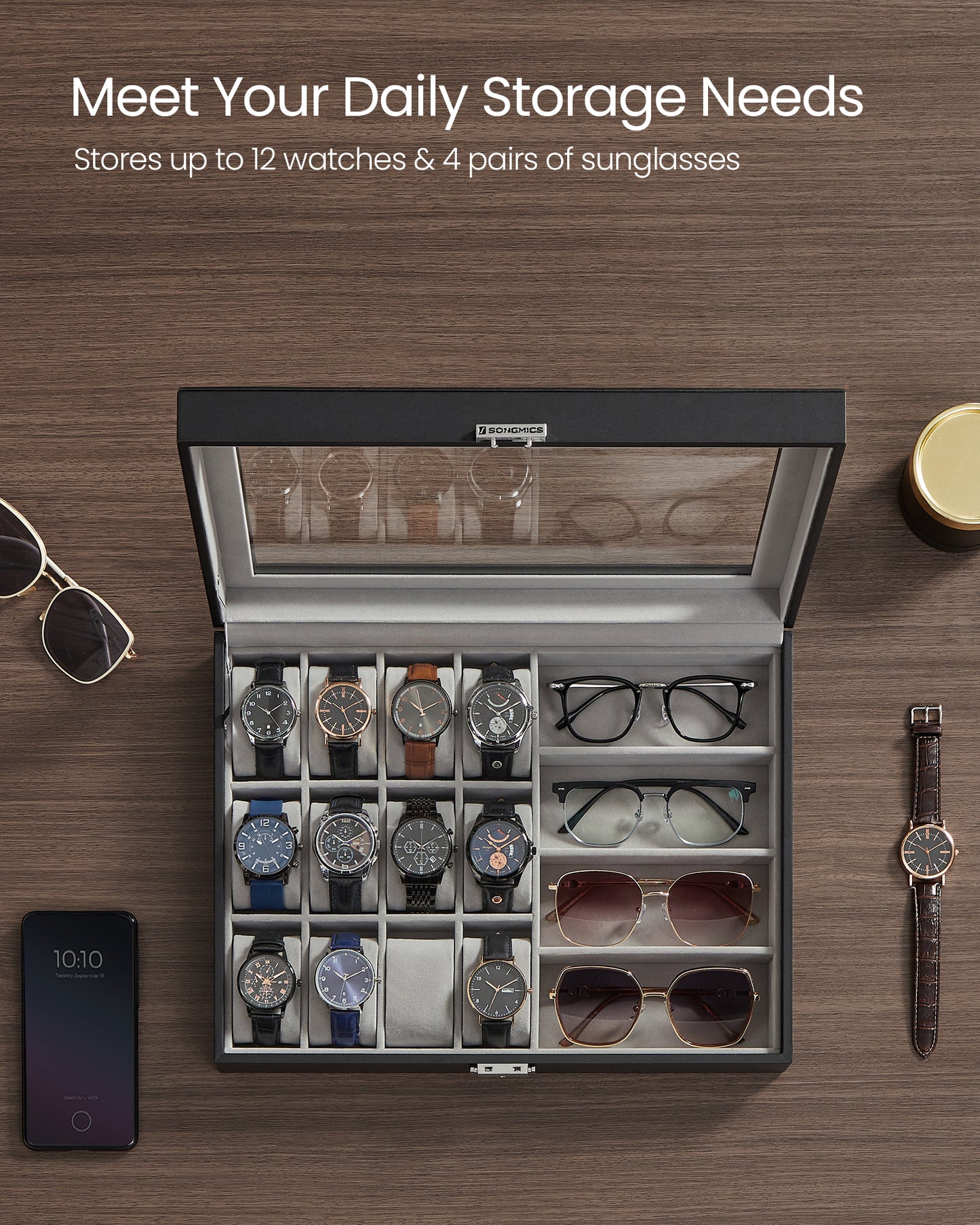 Ink Black Lockable 16-Slot Watch Box with Glass Lid - Made of Synthetic Leather, Dove Gray Lining, Ideal Gift Idea for Watch Storage
