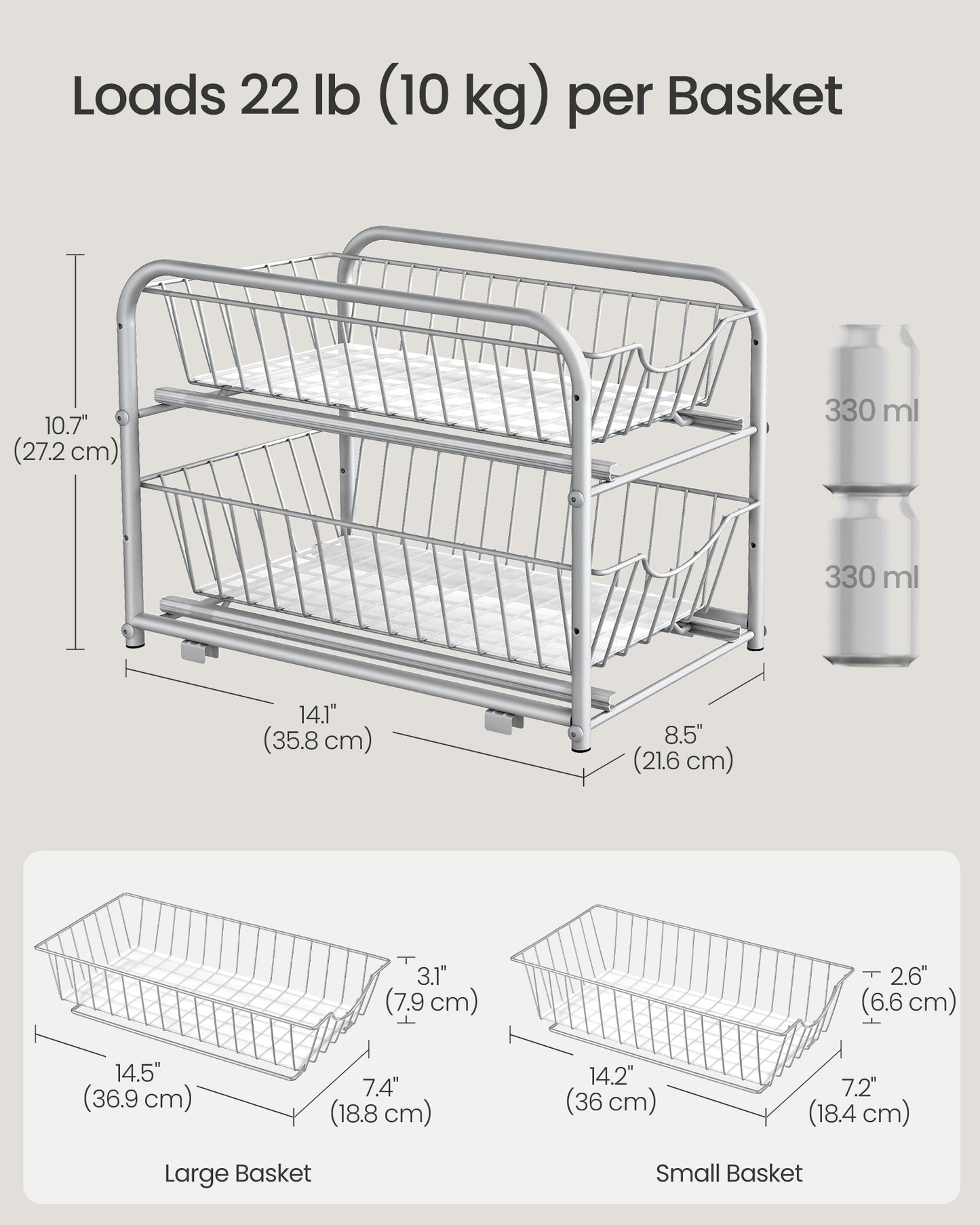 2-Tier Pull Out Cabinet Organizers, Under Sink Organizer, Bathroom Organizer and Storage, Sliding Basket Drawers, Stackable, Silver