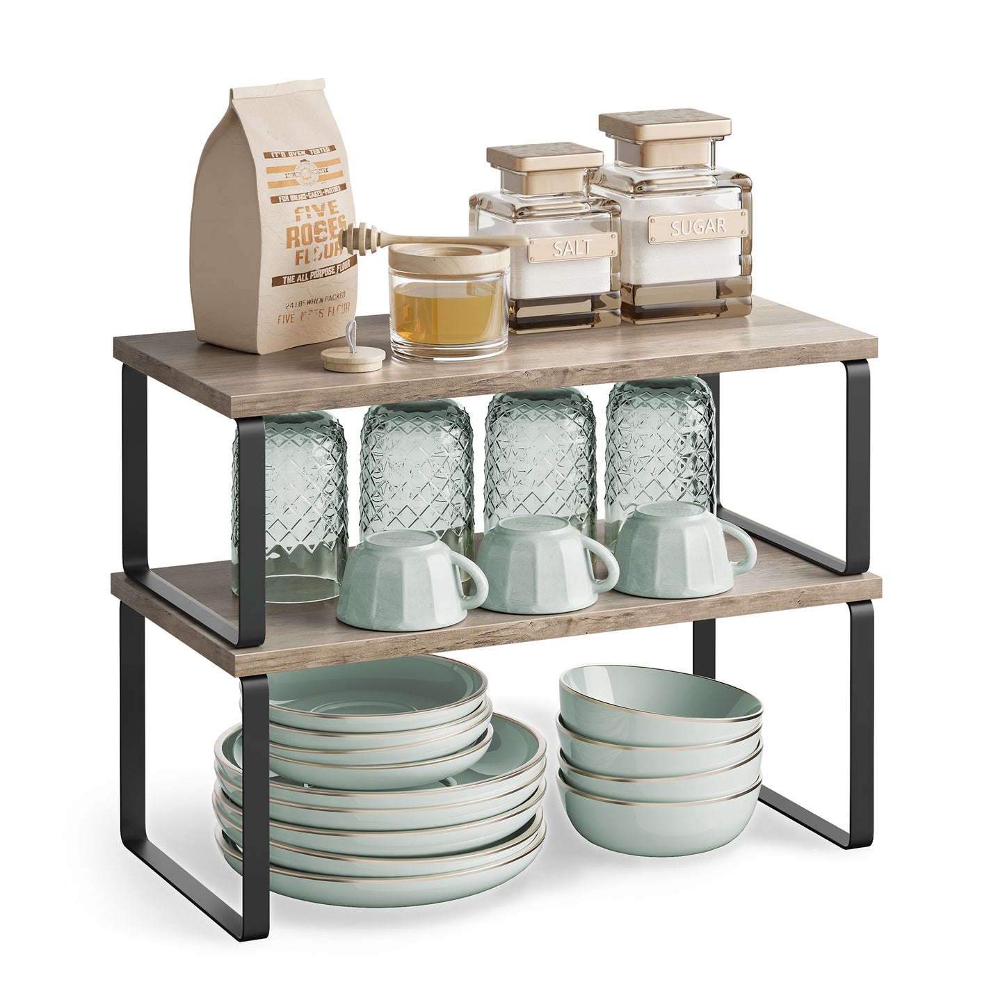 Cabinet Organizer Shelf, Set of 4 Kitchen Counter Shelves, Kitchen Storage, Spice Rack, Stackable, Expandable, Metal and Engineered Wood, Ink Black and Heather Greige