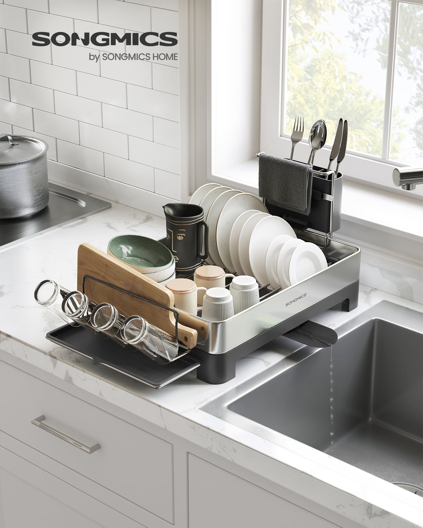 SONGMICS Dish Drying Rack, Premium Stainless Steel Dish Rack with Rotatable Spout, Fingerprint-Resistant Dish Drainers for Kitchen Counter, 12.5 x 22.5 In, Silver and Black