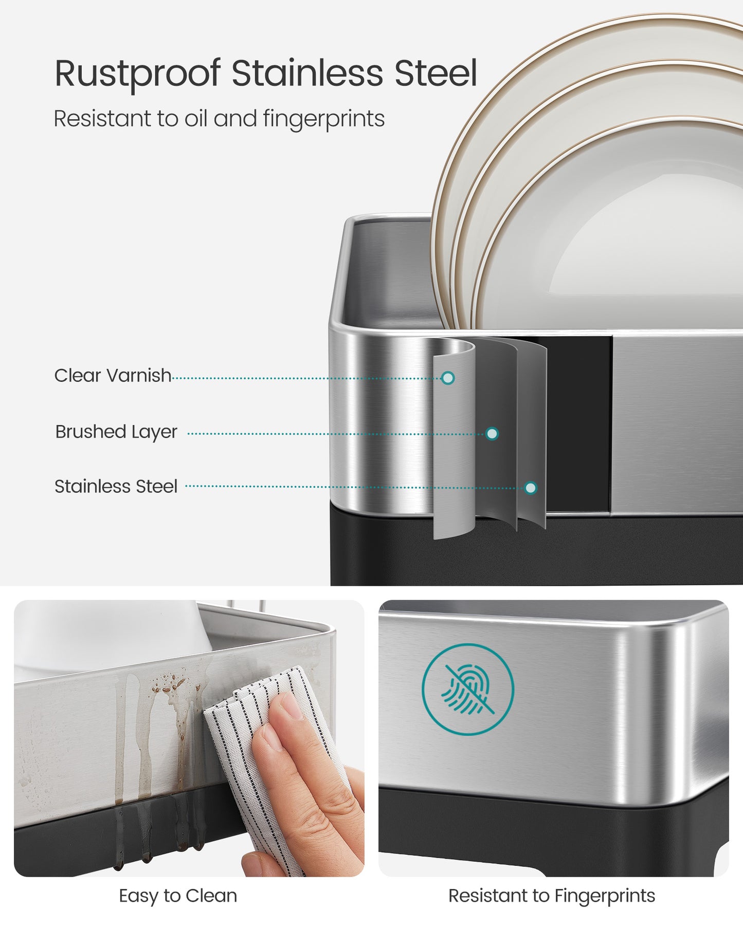 Large Dish Drying Rack, Expandable Dish Dryer for Kitchen Counter, Stainless Steel Dish Rack with Rotatable Spout, Utensil, Cup, Glass, Cutting Board, Pan Holders, Silver and Black