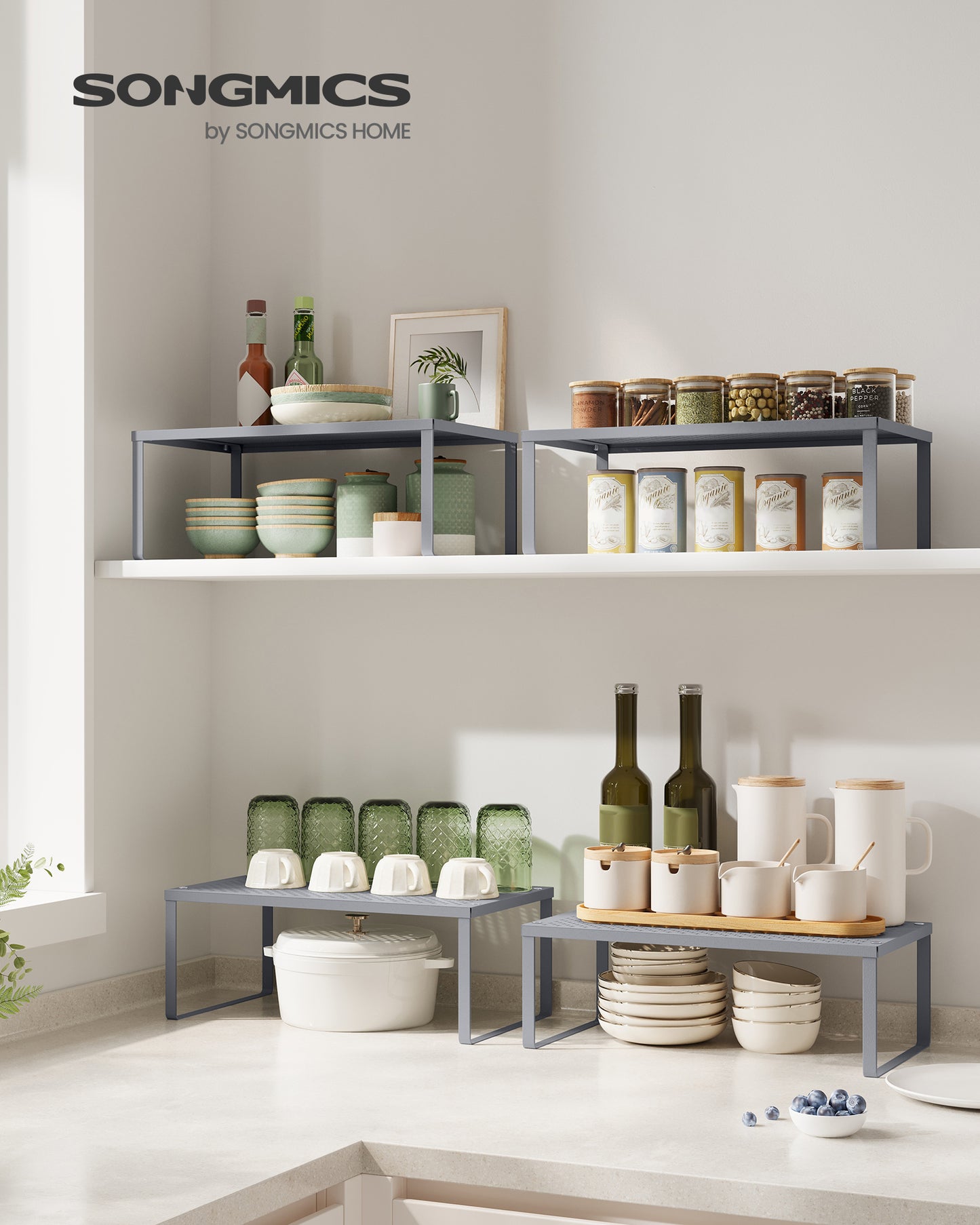 Set of 2 Metal Kitchen Counter Shelves - Stackable, Expandable Spice Racks, Cabinet & Countertop Organizers, Shelf Risers for Space Saving, Silver