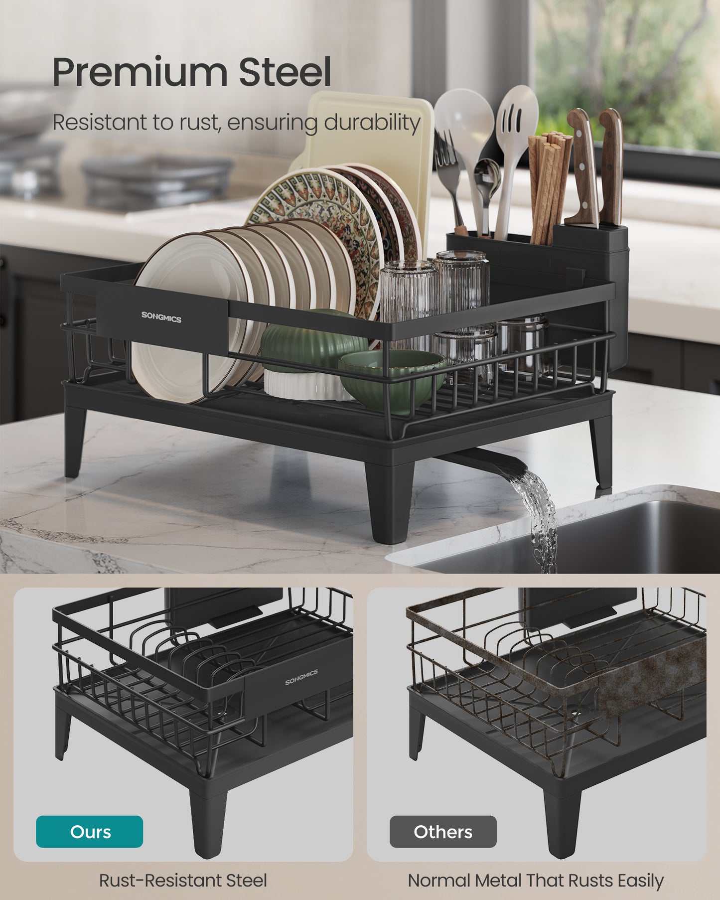 SONGMICS Dish Drying Rack with Drainboard, 360°Rotatable and Extendable Spout, with Cutlery Holder, 12.2 x 16.5 x 7.3 Inches, Ink Black
