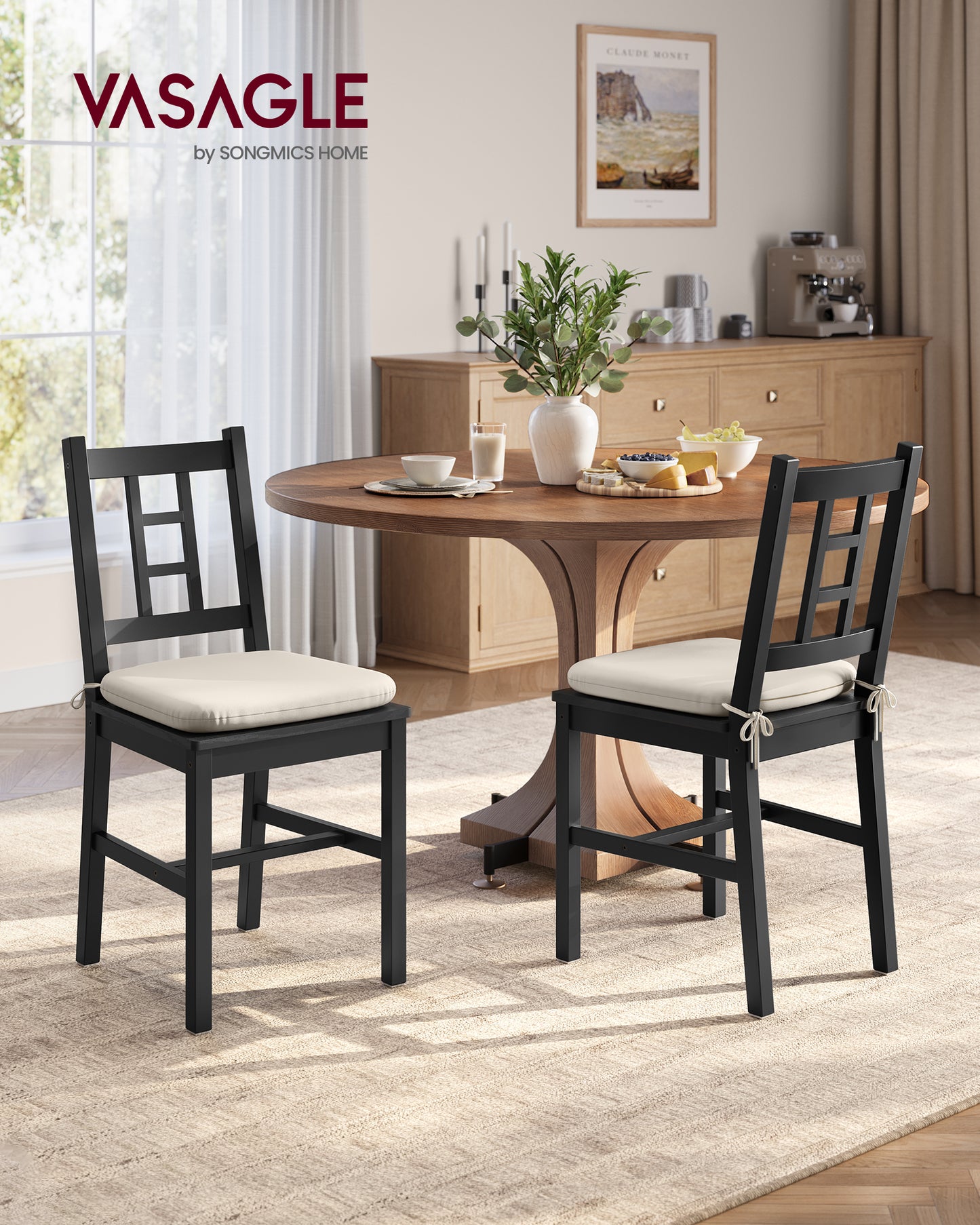 Set of 2 Dining Chairs with Removable Cushion, Curved Back Design, Sturdy Construction Supports 264 lb per Chair, Ebony Black