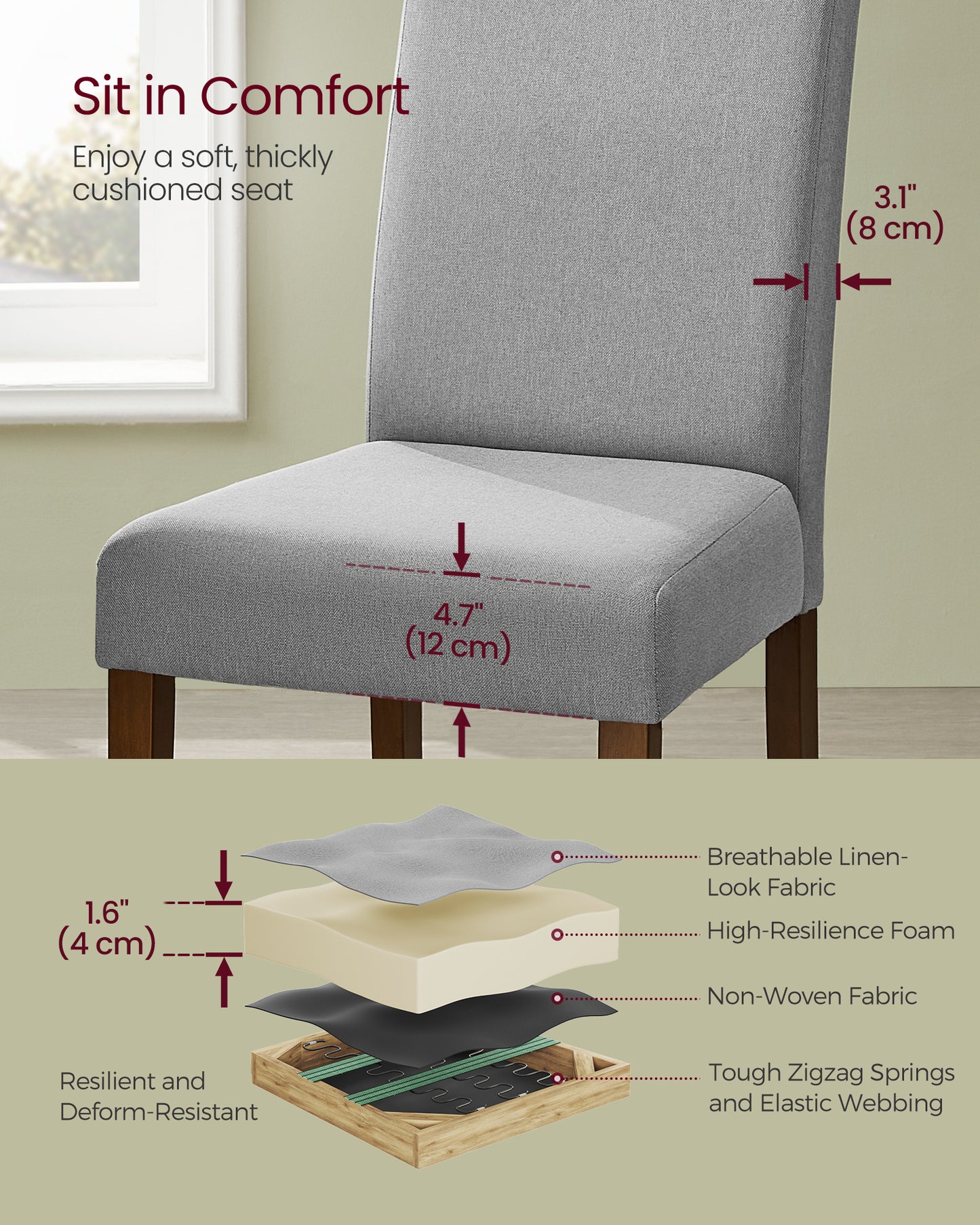 Dining Chairs, Set of 2 Parsons Chairs, Thick Seat, Removable Fabric Cover, High Back, for Kitchen Bedroom, 22.8 x 18.9 x 39.4 Inches, Dove Gray