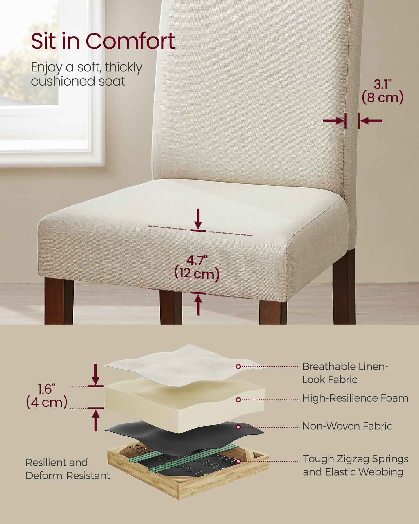 Dining Chairs, Set of 2 Parsons Chairs, Thick Seat, Removable Fabric Cover, High Back, for Kitchen Bedroom, 22.8 x 18.9 x 39.4 Inches, Cream White