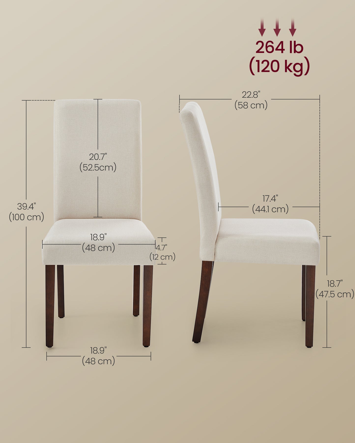 Dining Chairs, Set of 2 Parsons Chairs, Thick Seat, Removable Fabric Cover, High Back, for Kitchen Bedroom, 22.8 x 18.9 x 39.4 Inches, Cream White