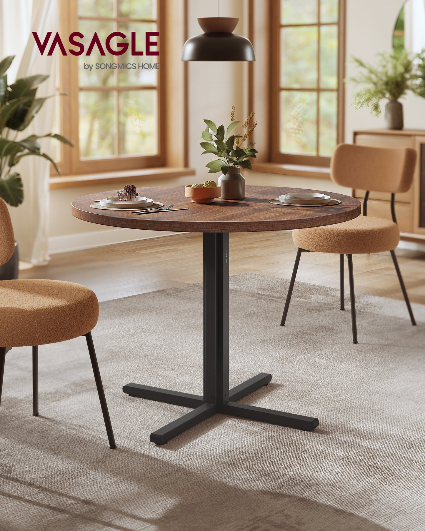 Round Dining Table for 4, 31.5 Inch Small Kitchen Table with Water-Resistant Top, C-Shaped Steel Frame & 220 lb Capacity, Farmhouse Style, Somber Walnut