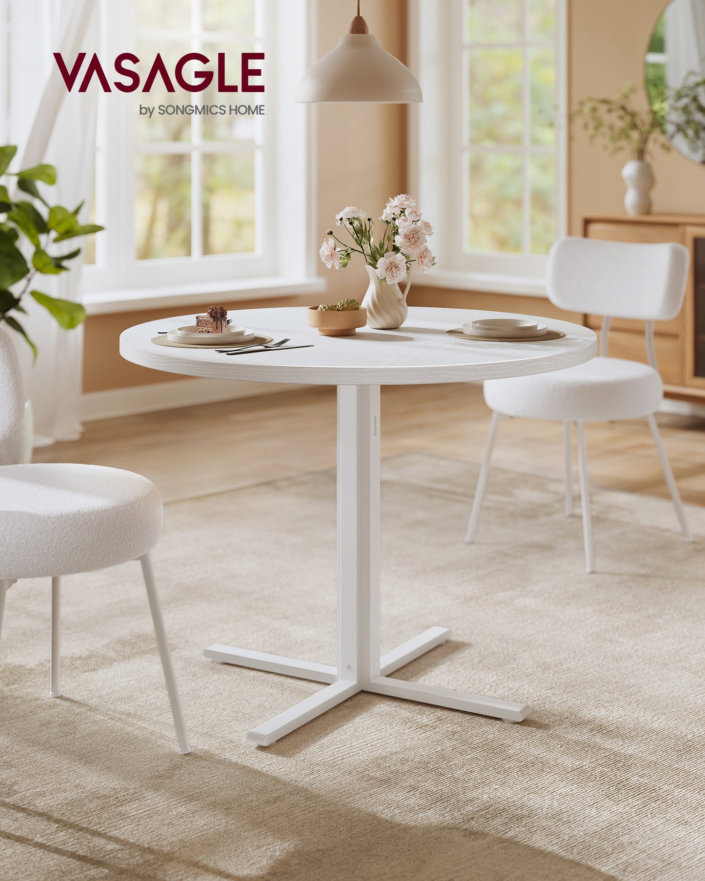31.5" Round Dining Table for 4 - Farmhouse Kitchen Table with Water-Resistant Top & Steel Frame, White