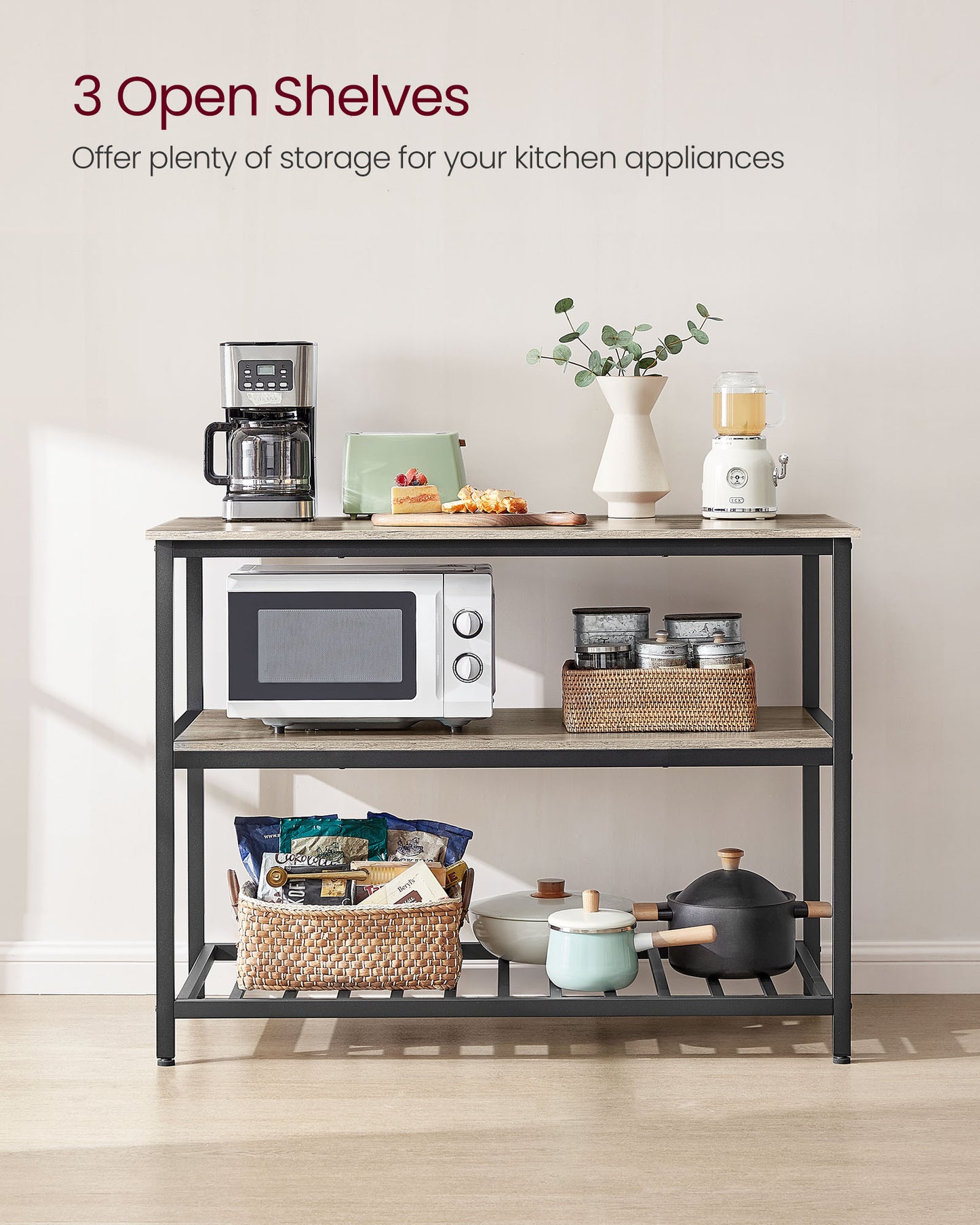 Kitchen Island with 3 Shelves, Island Table, 47.2 Inches Width Kitchen Shelf with Large Worktop, Stable Steel Structure, Industrial, Easy to Assemble