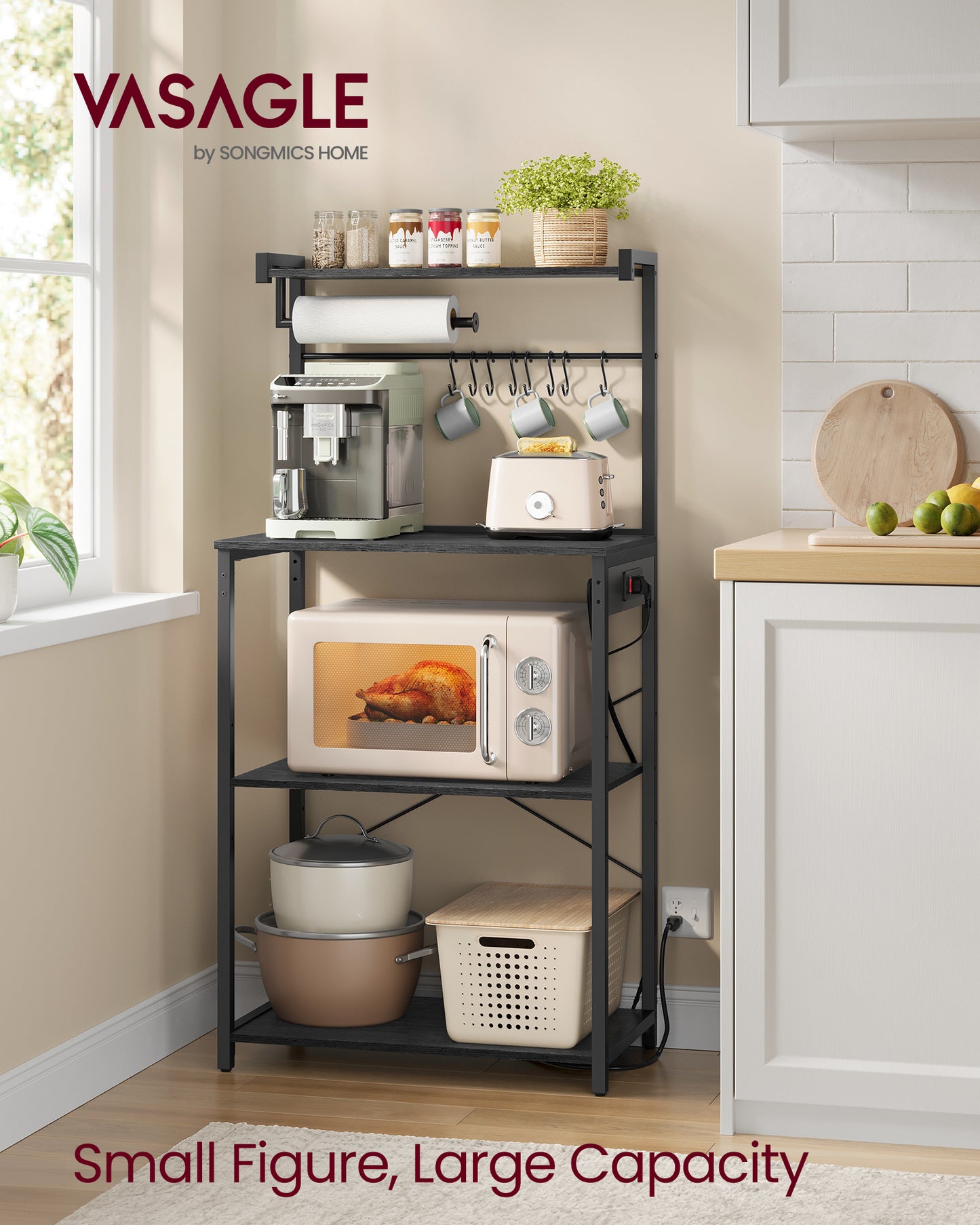 4-Tier Kitchen Bakers Rack with Adjustable Shelf & Power Outlet, 55.1" Tall Microwave Stand with 8 S-Hooks, Charcoal Gray and Ink Black