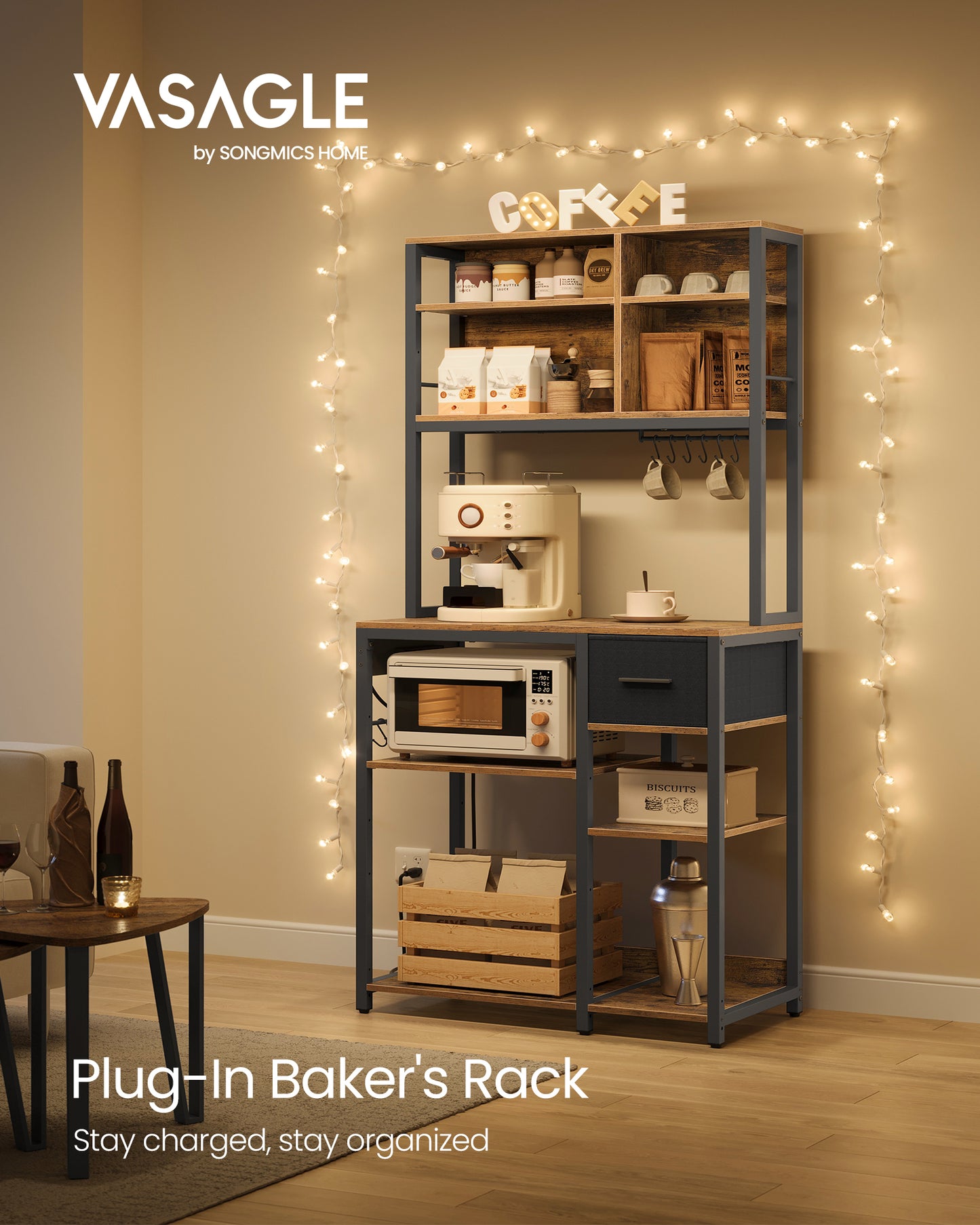 Bakers Rack with Charging Station, Coffee Bar with Adjustable Storage Shelves, Fabric Drawer, 12 Hooks, 15.7 x 31.5 x 71 Inches, Kitchen Microwave Stand, Rustic Brown and Ink Black