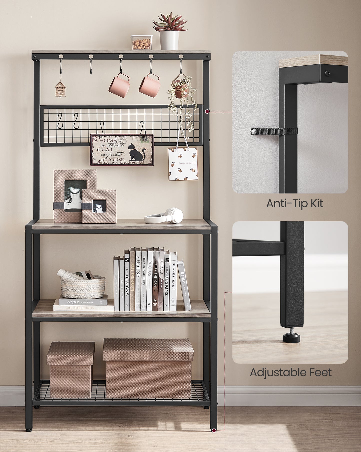 VASAGLE Kitchen Bakers Rack Coffee Bar Storage Shelf Island Rack Microwave Stand with 10 Hooks 3 Shelves Greige and Black