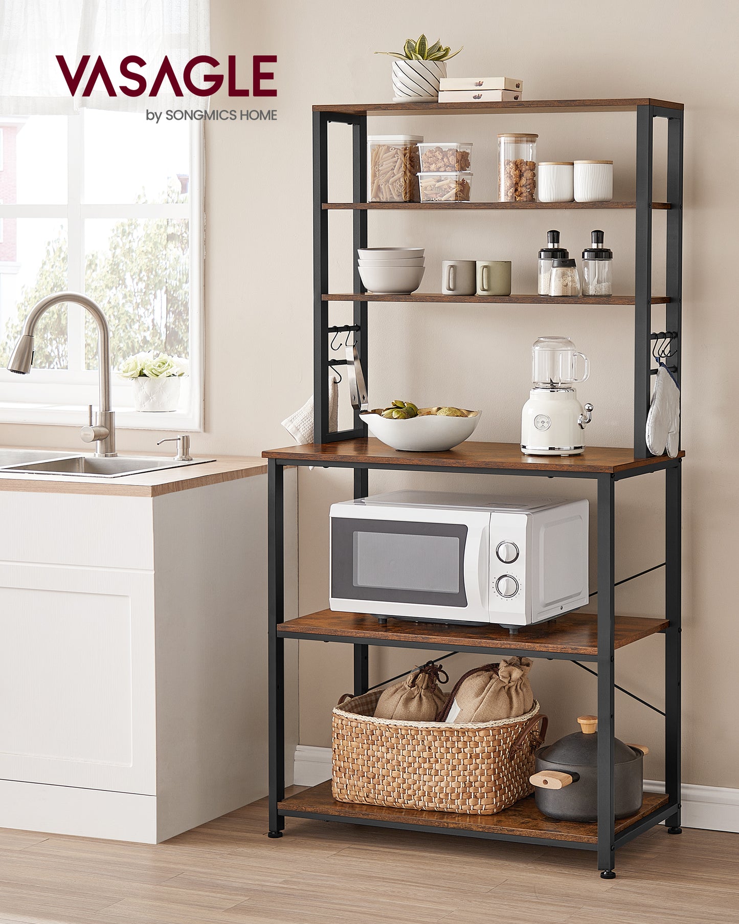 Bakers Rack for Kitchen, 6-Tier Kitchen Shelves with 6 Hooks, Microwave Stand, Industrial, Rustic Brown and Black