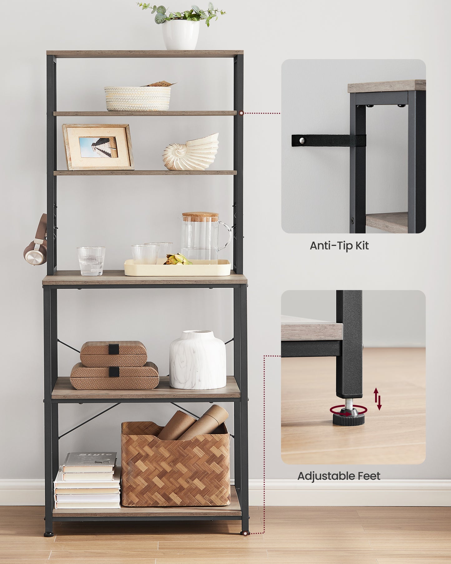 Coffee Bar, Bakers Rack for Kitchen with Storage, 6-Tier Kitchen Shelves with 6 Hooks, Microwave Stand, Industrial, Greige