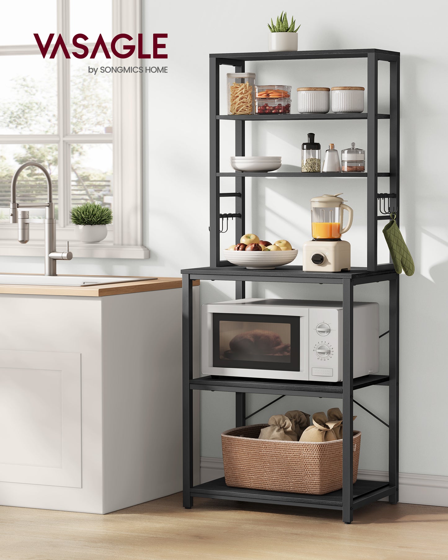 Baker's Rack Microwave Oven Stand Kitchen Tall Utility Storage Shelf 6 Hooks and Metal Frame