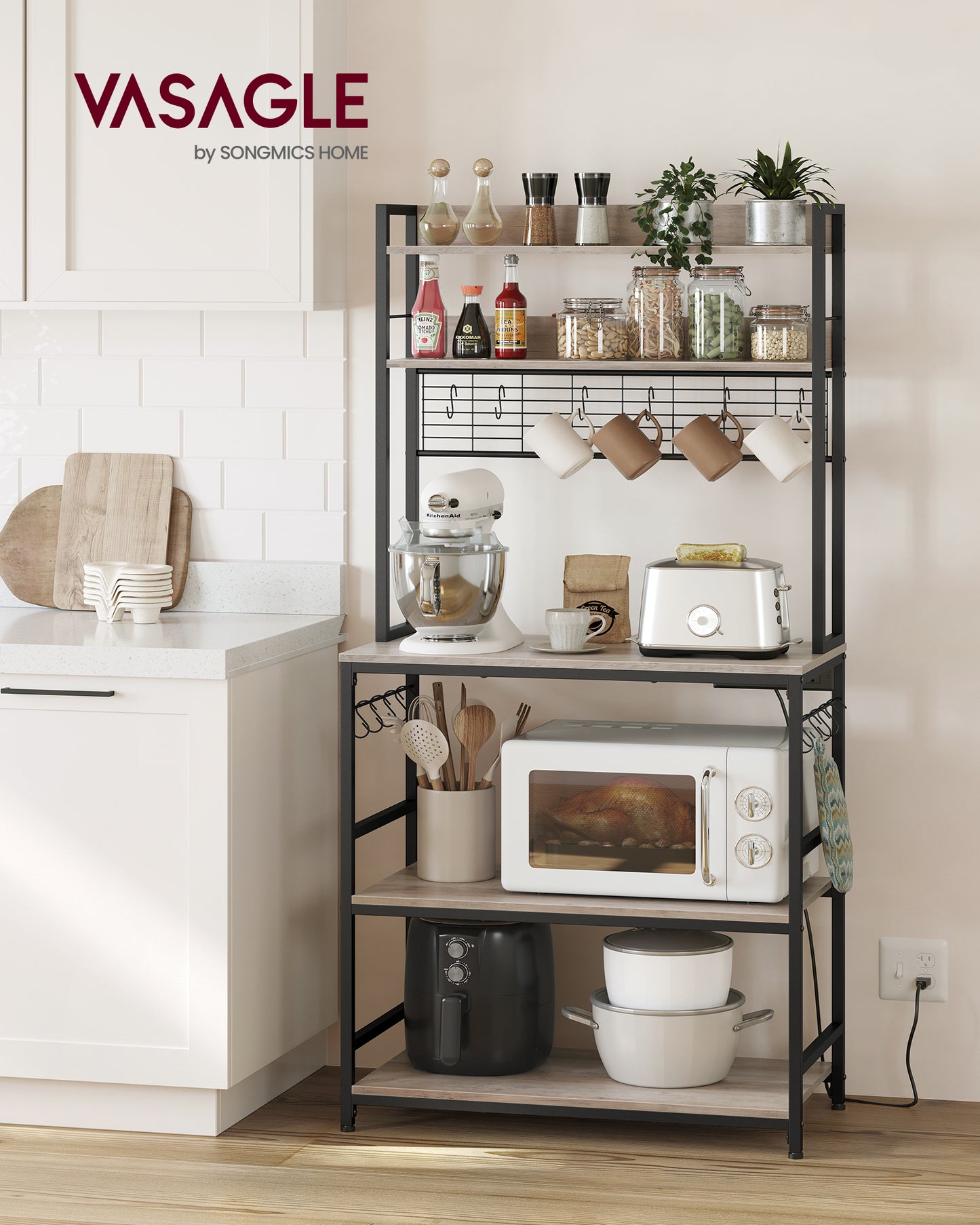 Hutch Bakers Rack with Power Outlet, Adjustable Coffee Bar with Metal Wire Panel, Kitchen Storage Shelf