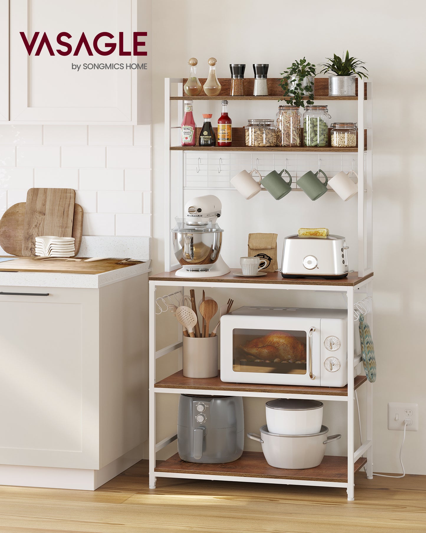 Hutch Bakers Rack with Power Outlet, 14 Hooks Microwave Stand, Adjustable Coffee Bar , Kitchen Storage Shelf, 15.7 x 31.5 x 66.9 Inches