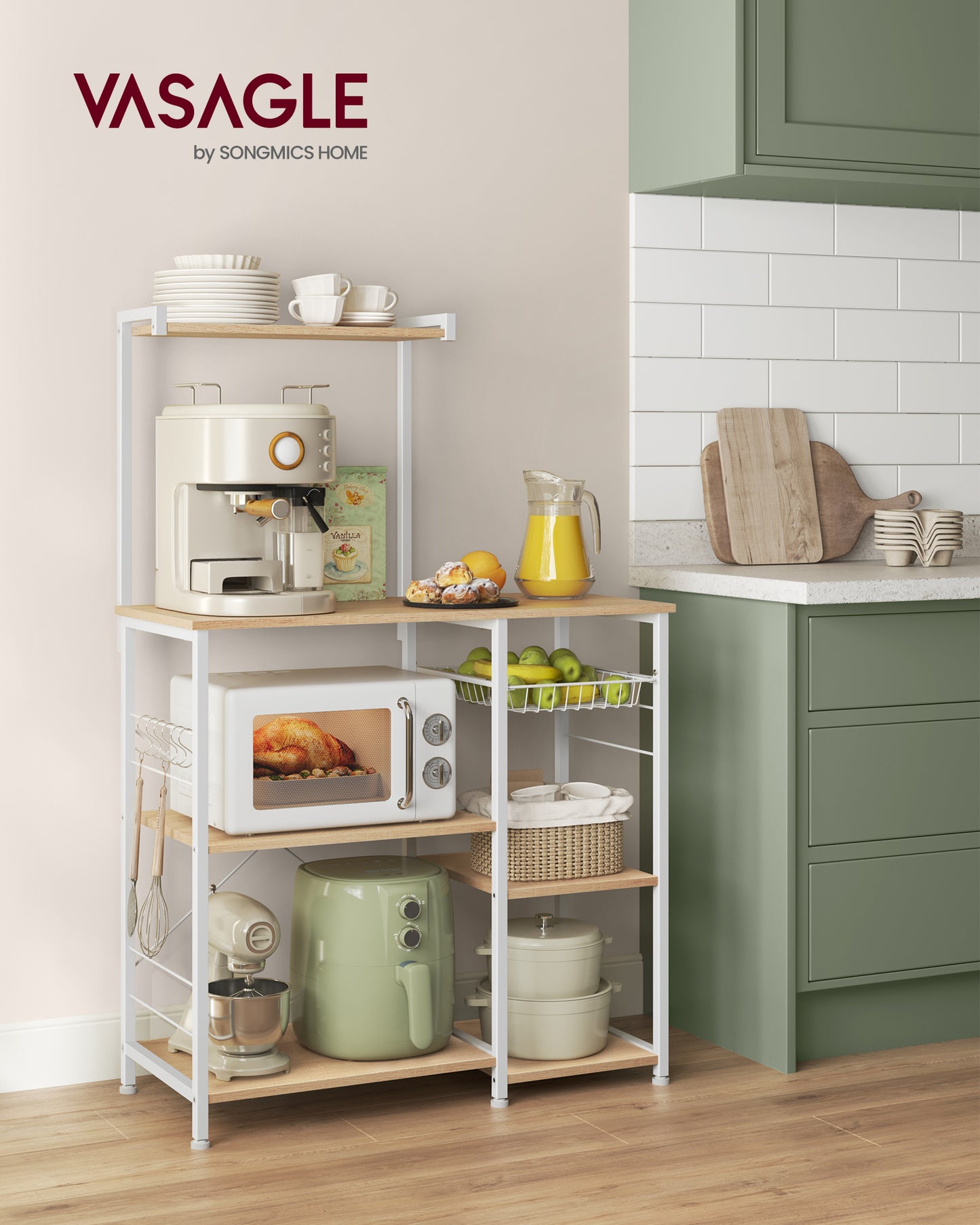 Bakers Rack, Microwave Stand, Kitchen Storage Rack with Wire Basket, 6 Hooks, and Shelves, Golden Oak and Cloud White
