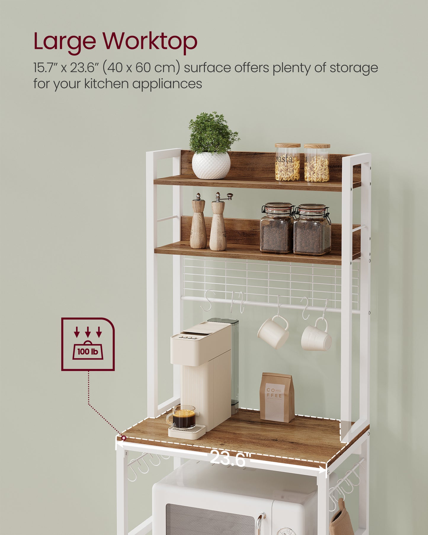 Hutch Bakers Rack with Power Outlet, 14 Hooks Microwave Stand, Adjustable Coffee Bar with Metal Wire Panel, Kitchen Storage Shelf, 15.7 x 23.6 x 66.9 Inches, Rustic Walnut and White
