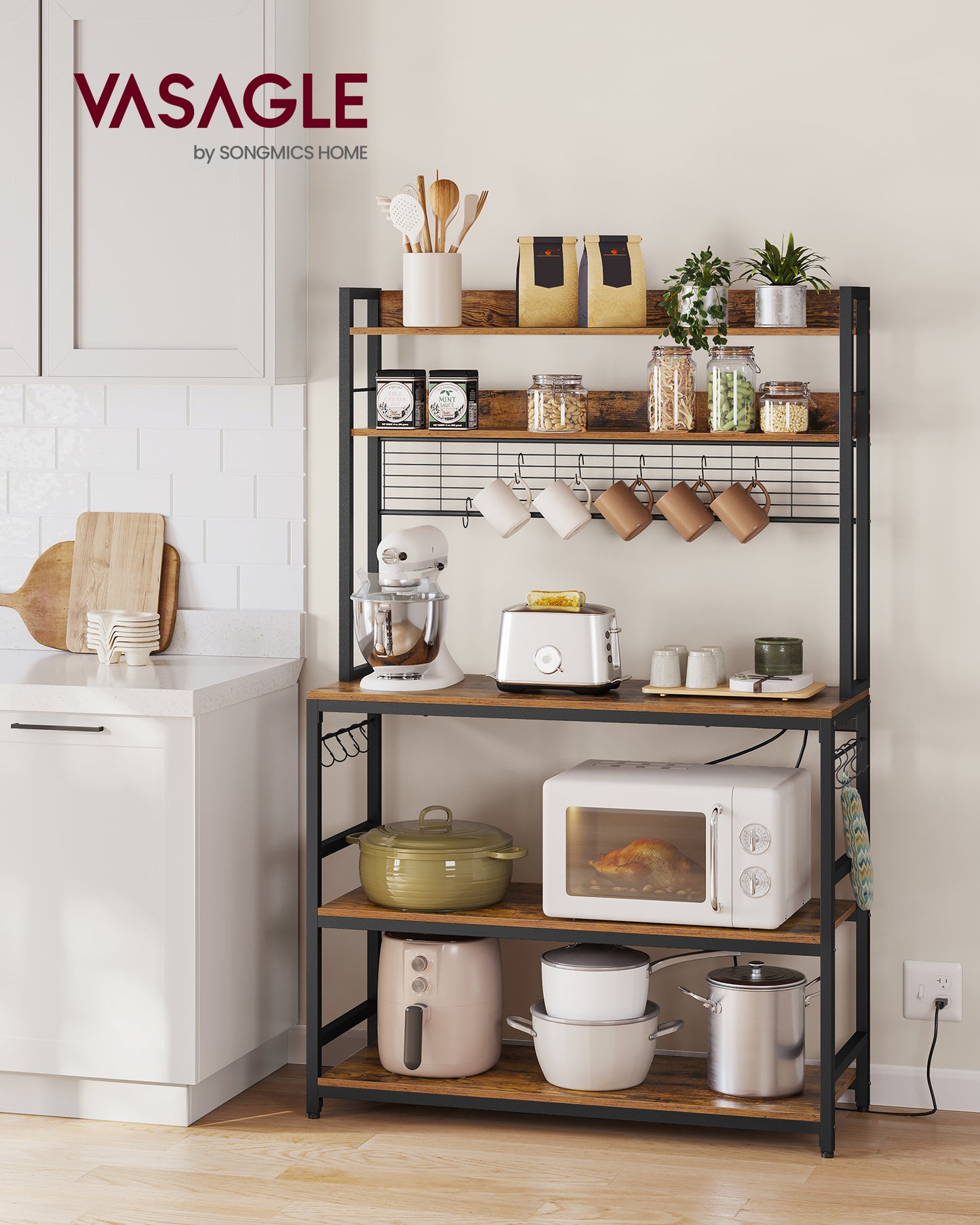 Hutch Bakers Rack with Power Outlet, 14 Hooks Microwave Stand, Kitchen Storage Shelf, Rustic Brown and Black
