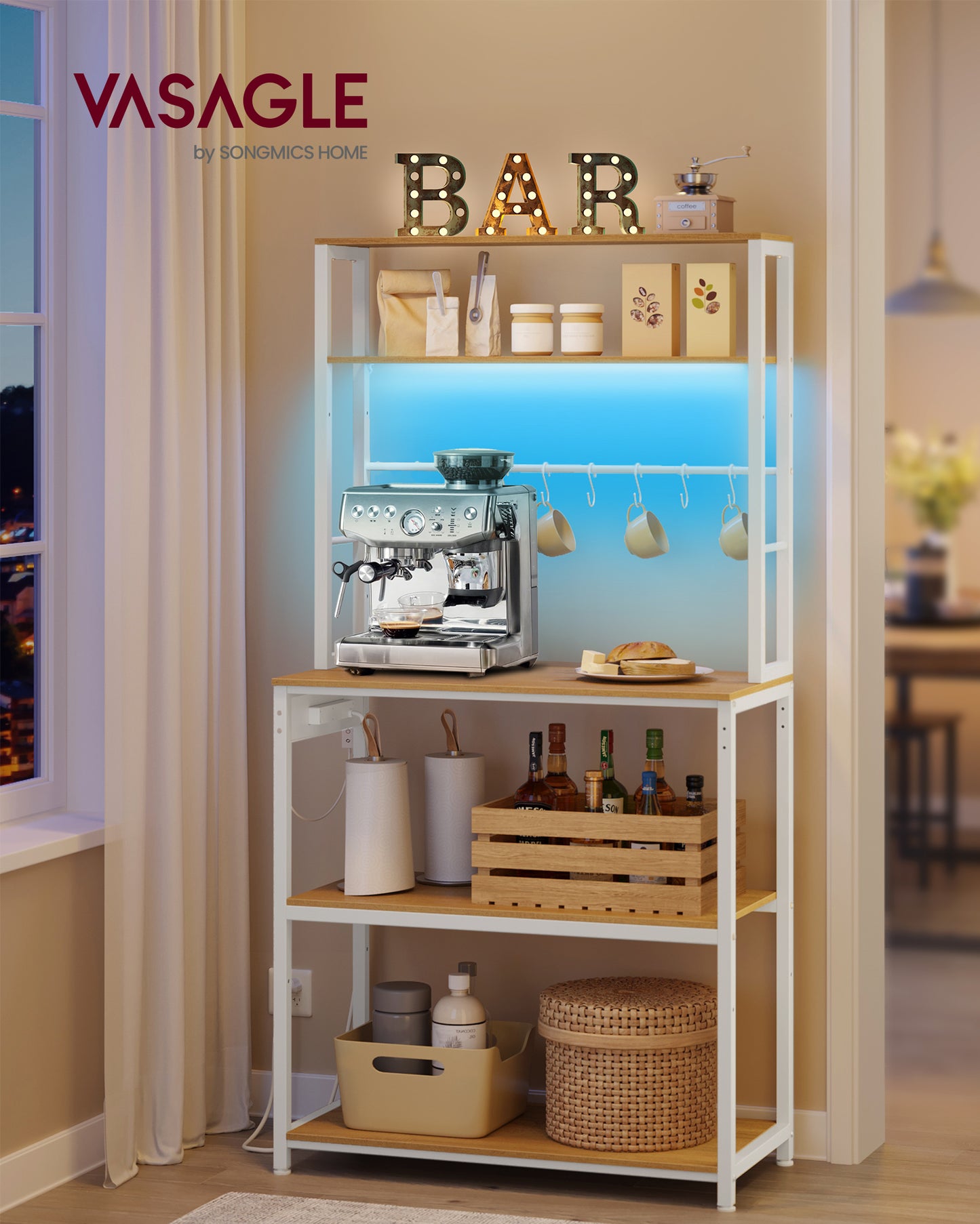 Modern Coffee Bar Cart with LED Lighting, Adjustable Shelves & Power Outlet, Multi-Purpose Kitchen Bakers Rack, 65.7 Inches Tall, Golden Oak